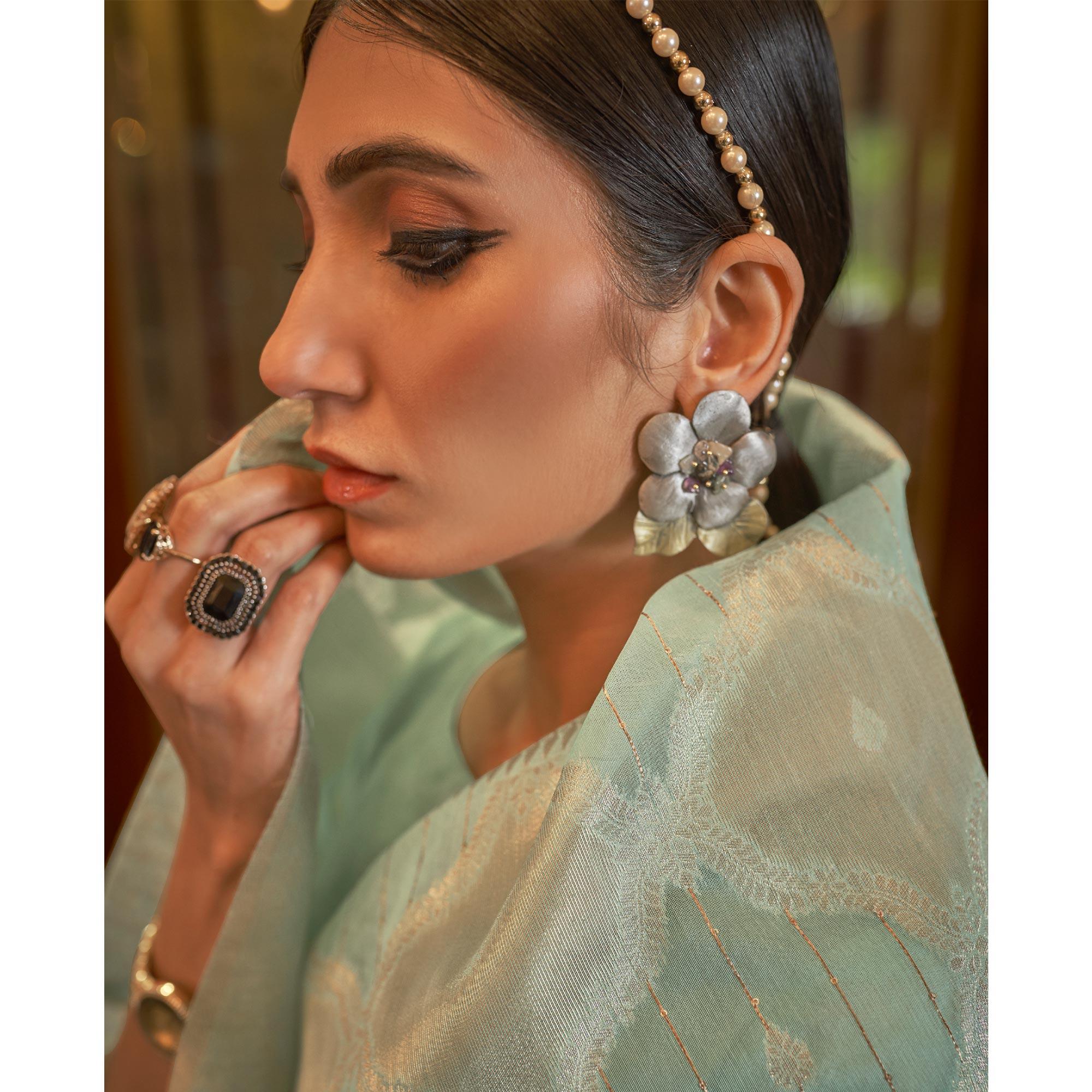 Sea Green Partywear Wear Woven Chanderi Saree - Peachmode