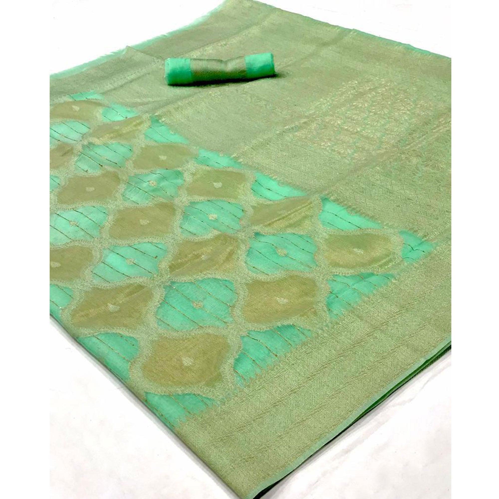 Sea Green Partywear Wear Woven Chanderi Saree - Peachmode