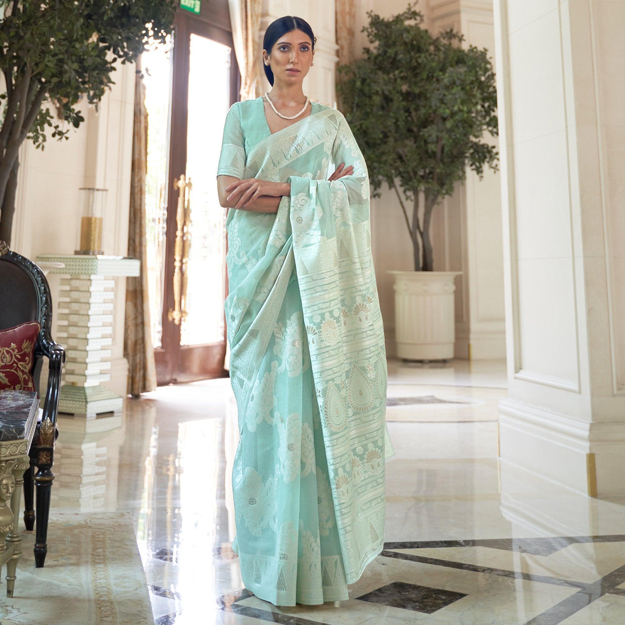Sea Green Partywear Woven Chanderi Saree - Peachmode