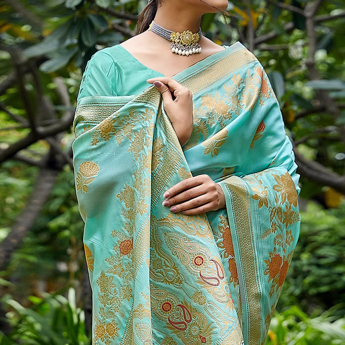 Sea Green Partywear Woven Silk Saree - Peachmode
