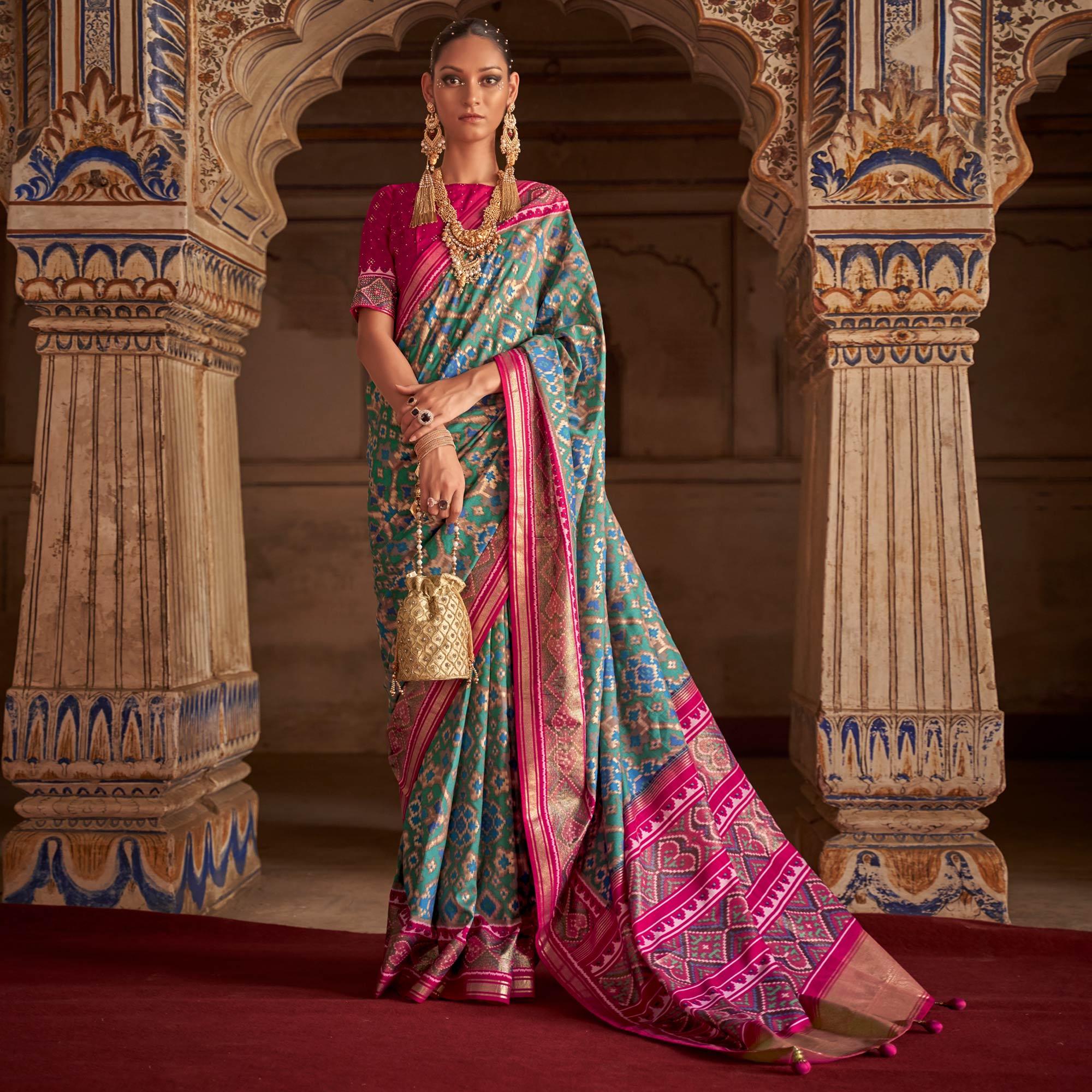Sea Green Patola Printed Art Silk Saree - Peachmode