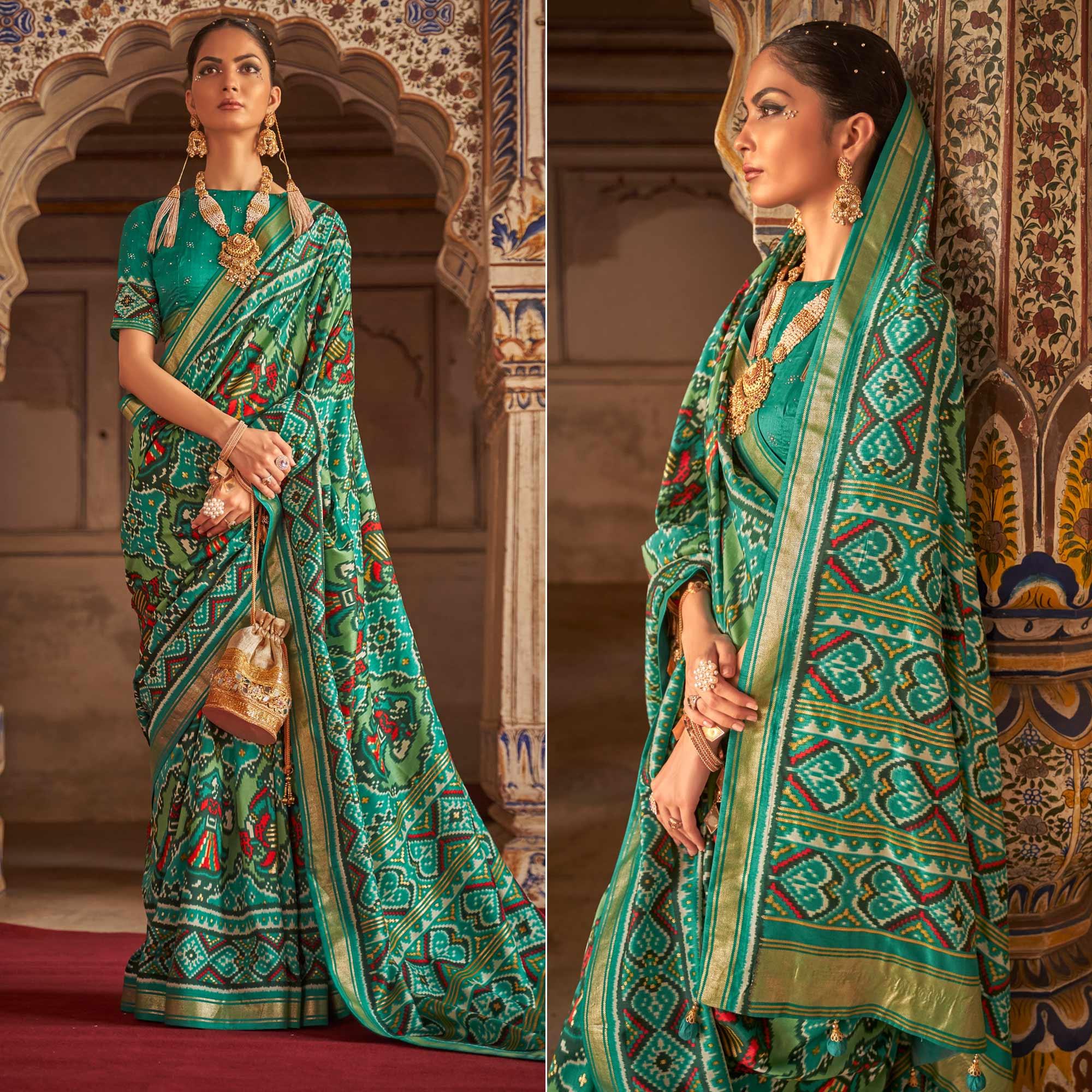 Sea Green Patola Printed Art Silk Saree - Peachmode