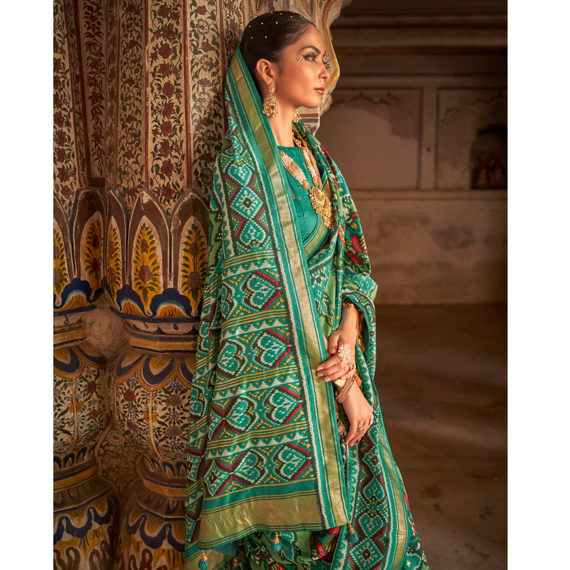 Sea Green Patola Printed Art Silk Saree - Peachmode