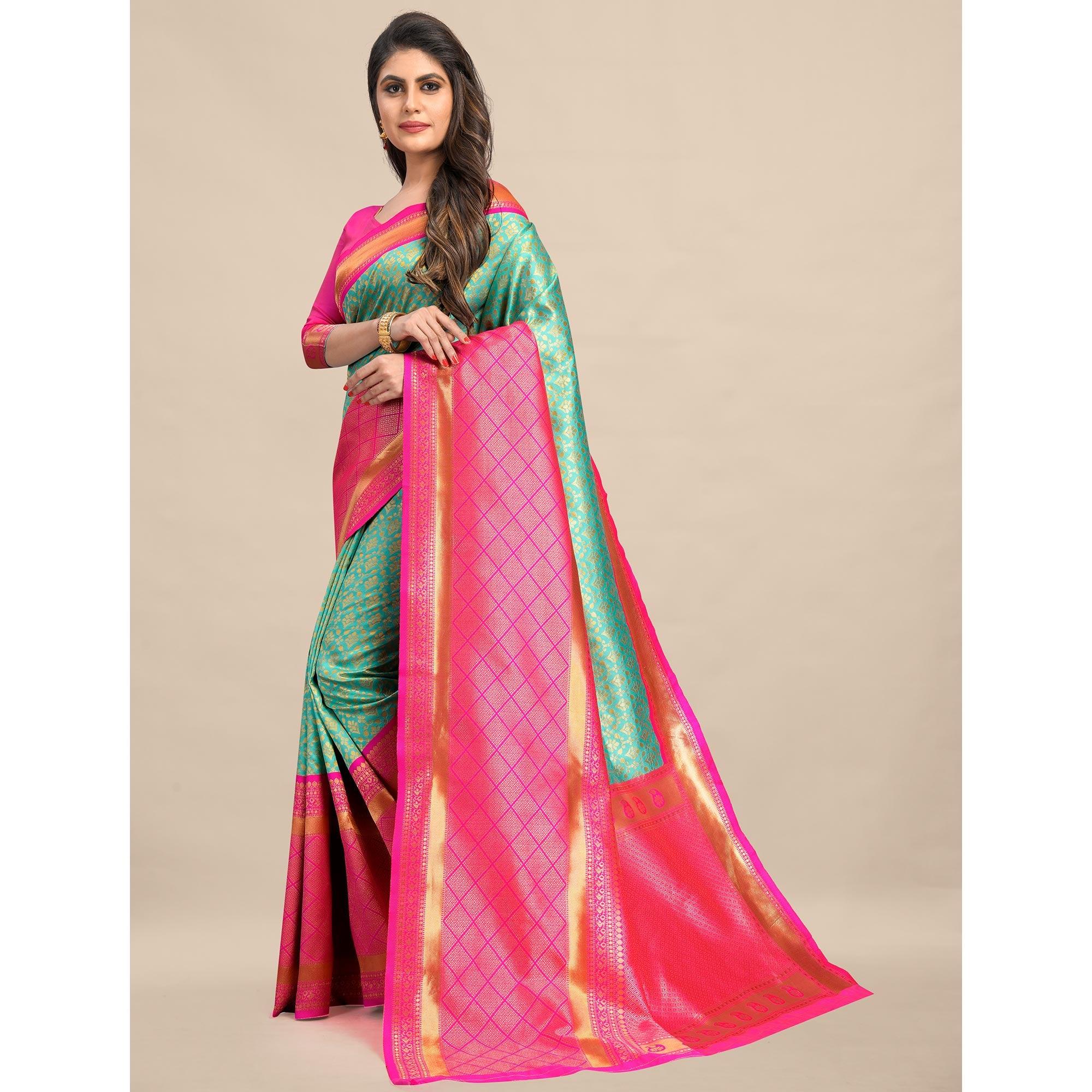 Sea Green-Pink Festive Wear Rich Woven Border Soft Banarasi Silk Saree - Peachmode