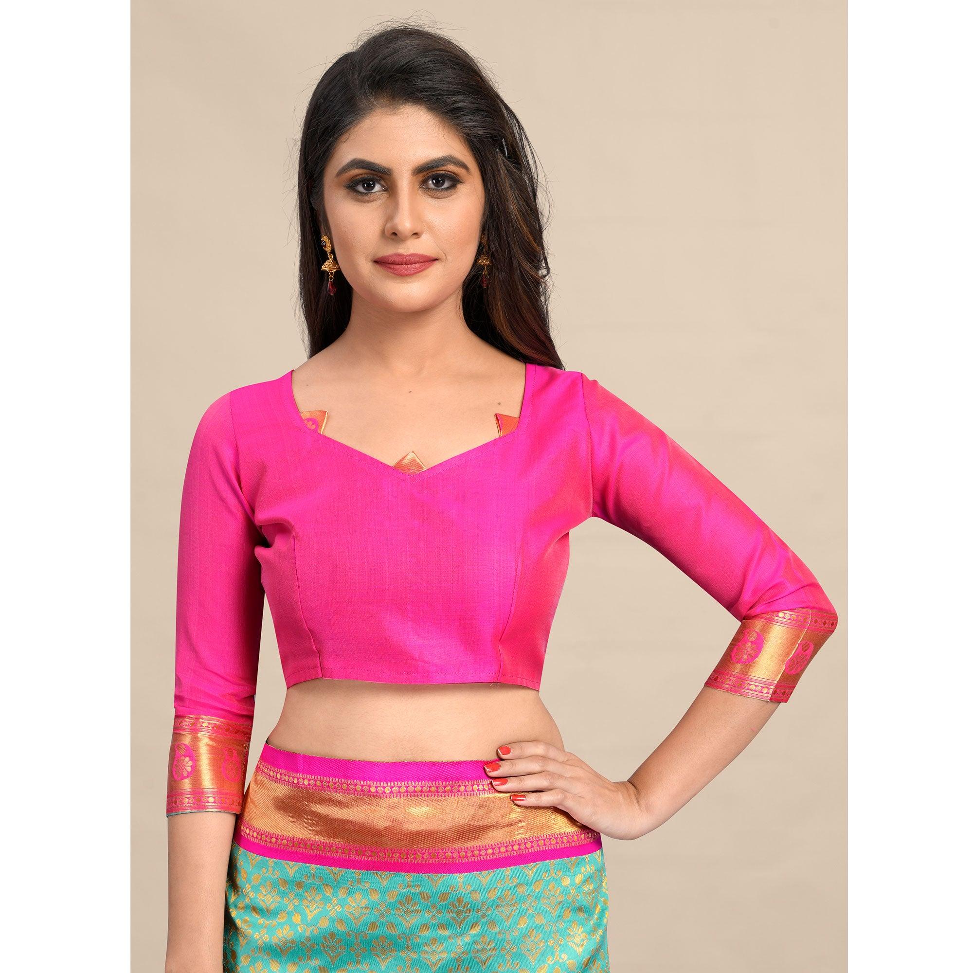 Sea Green-Pink Festive Wear Rich Woven Border Soft Banarasi Silk Saree - Peachmode