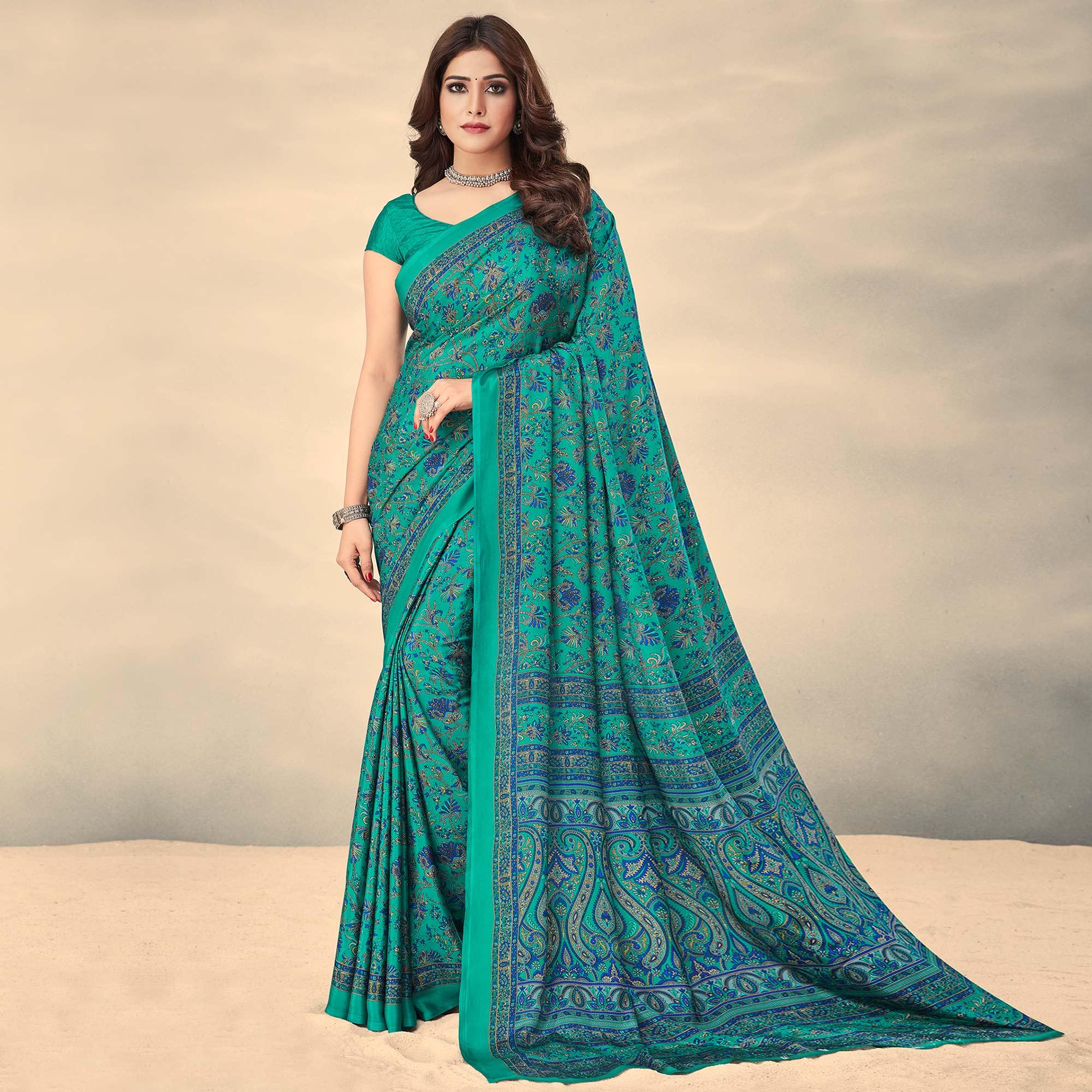Sea Green Printed Crepe Saree - Peachmode
