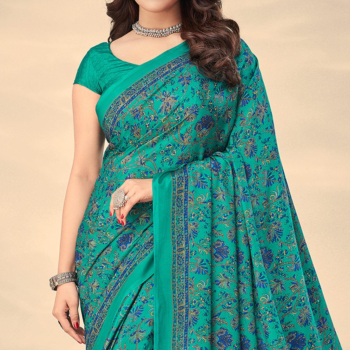 Sea Green Printed Crepe Saree - Peachmode