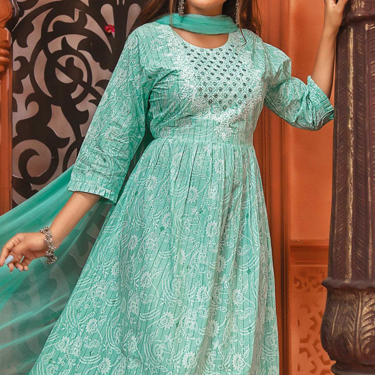 Sea Green Printed-Embroidered Poly Cotton Gown With Dupatta - Peachmode