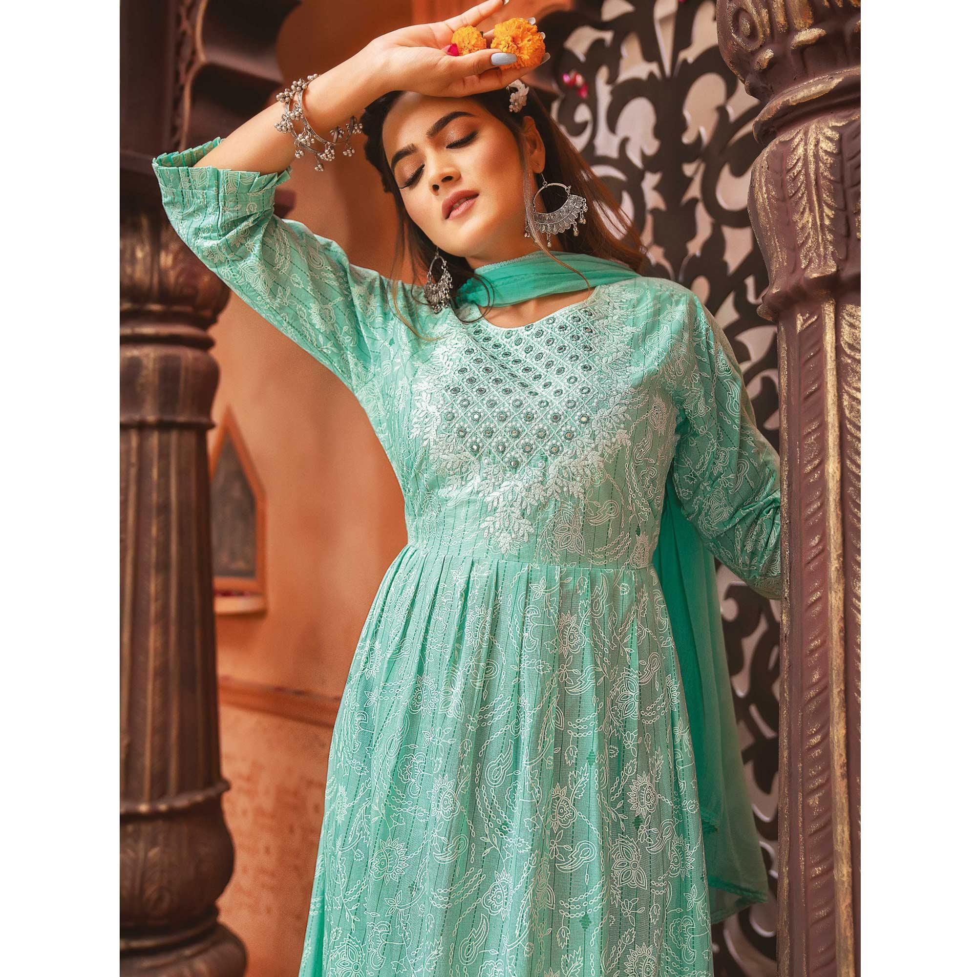 Sea Green Printed-Embroidered Poly Cotton Gown With Dupatta - Peachmode