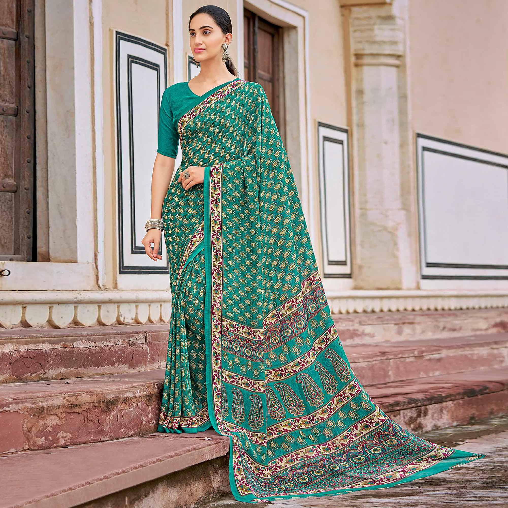 Sea Green Printed Georgette Saree - Peachmode