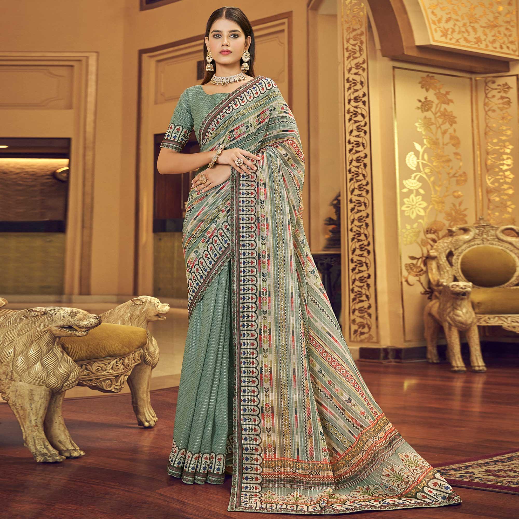 Sea Green Printed With Embellished Georgette Half and Half Saree - Peachmode