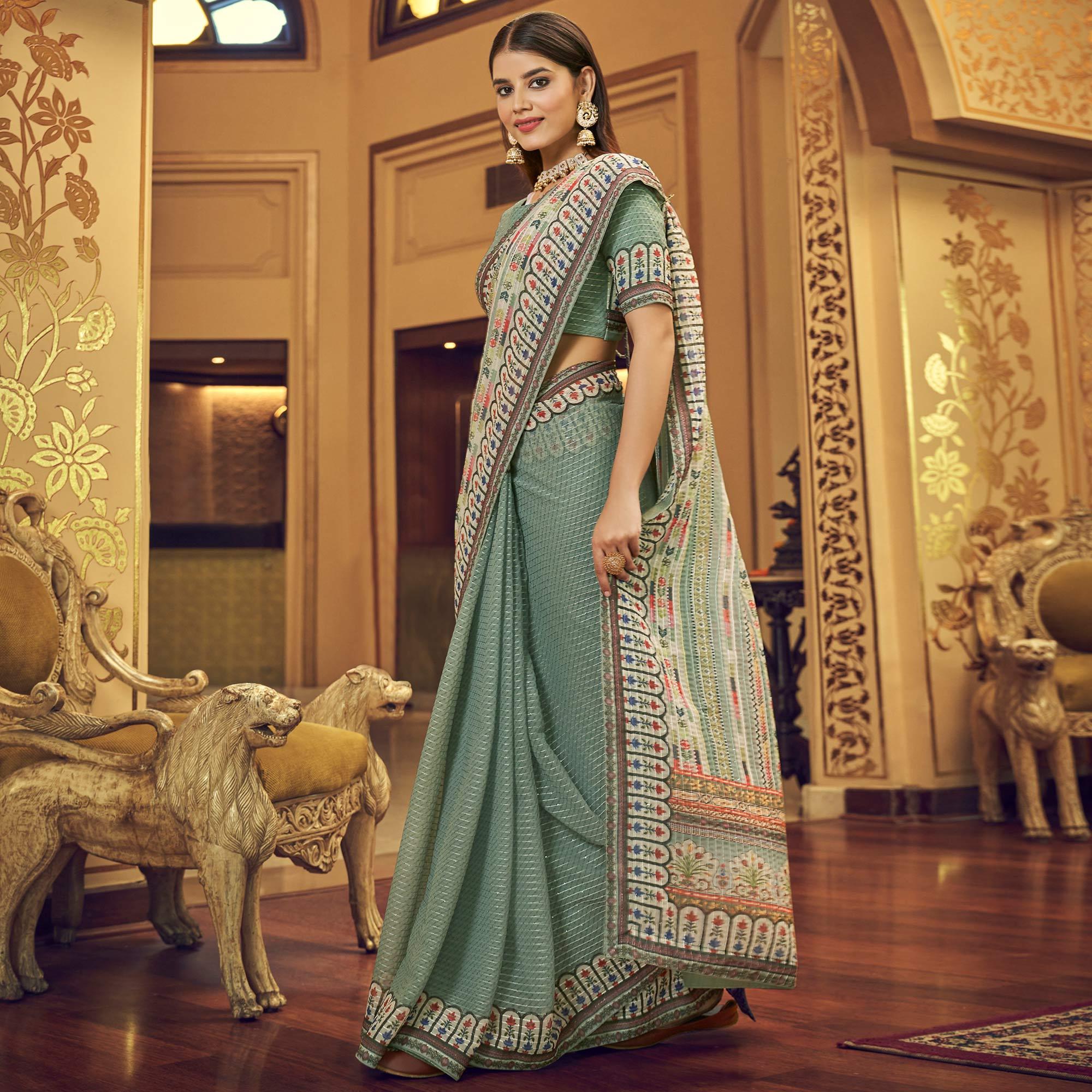 Sea Green Printed With Embellished Georgette Half and Half Saree - Peachmode
