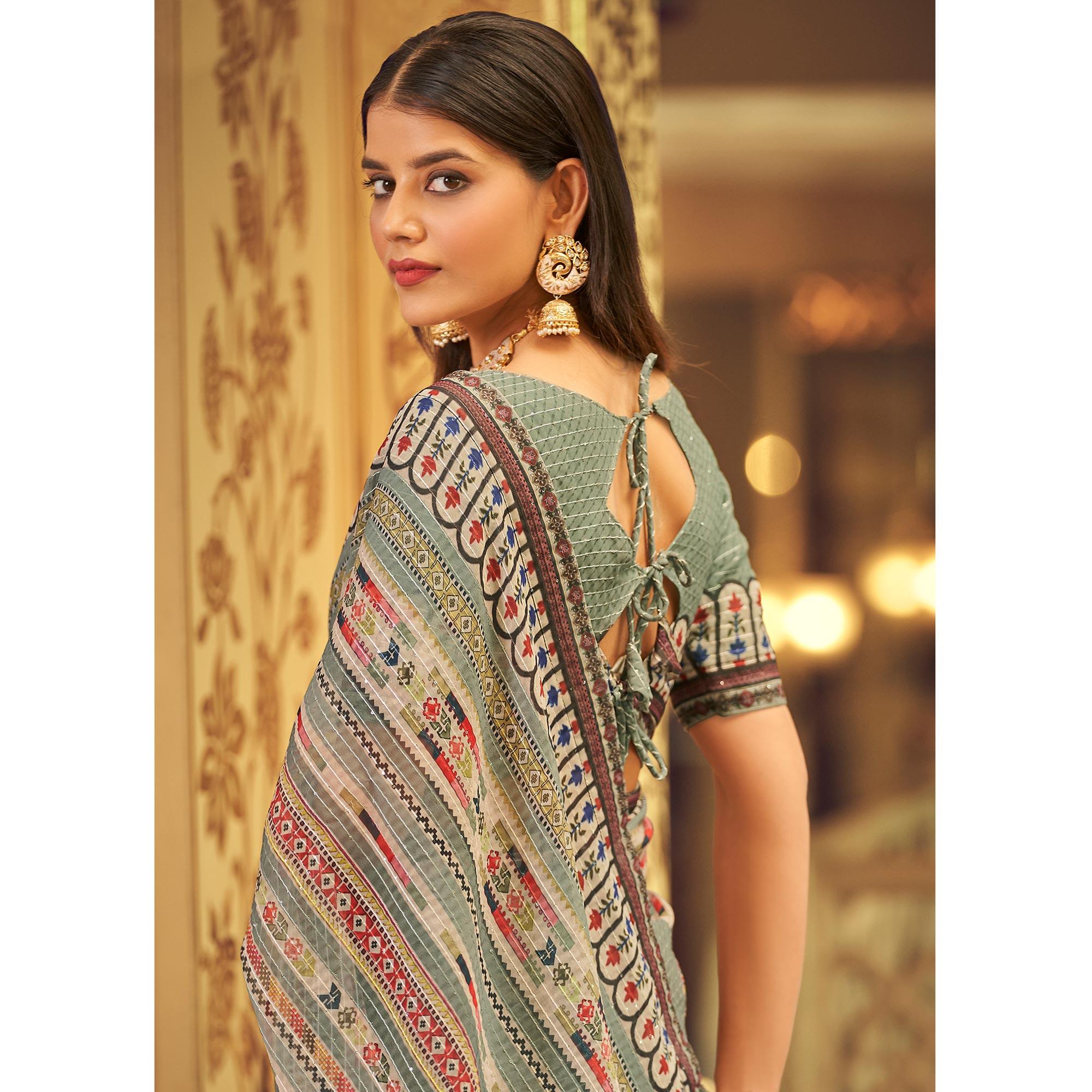 Sea Green Printed With Embellished Georgette Half and Half Saree - Peachmode