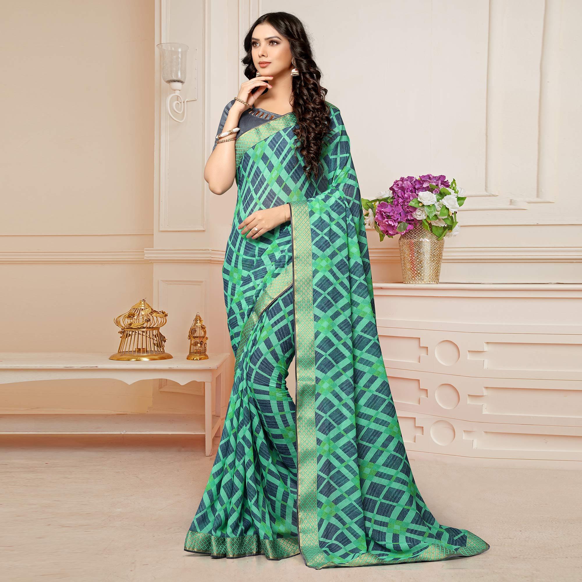 Sea Green Printed With Woven Border Georgette Saree - Peachmode