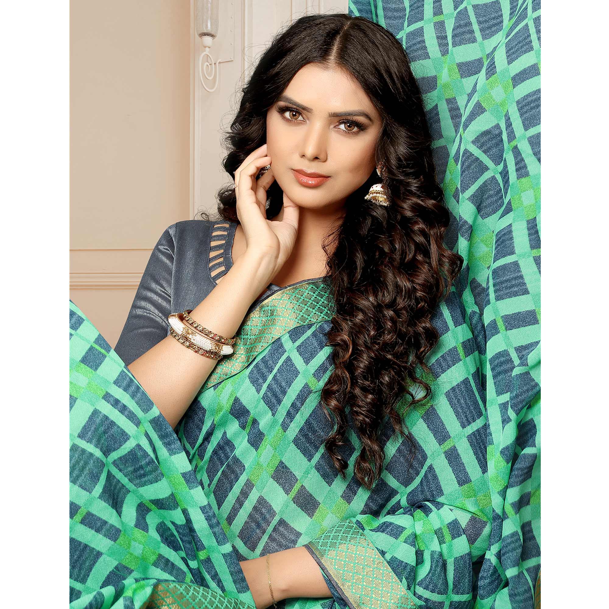 Sea Green Printed With Woven Border Georgette Saree - Peachmode