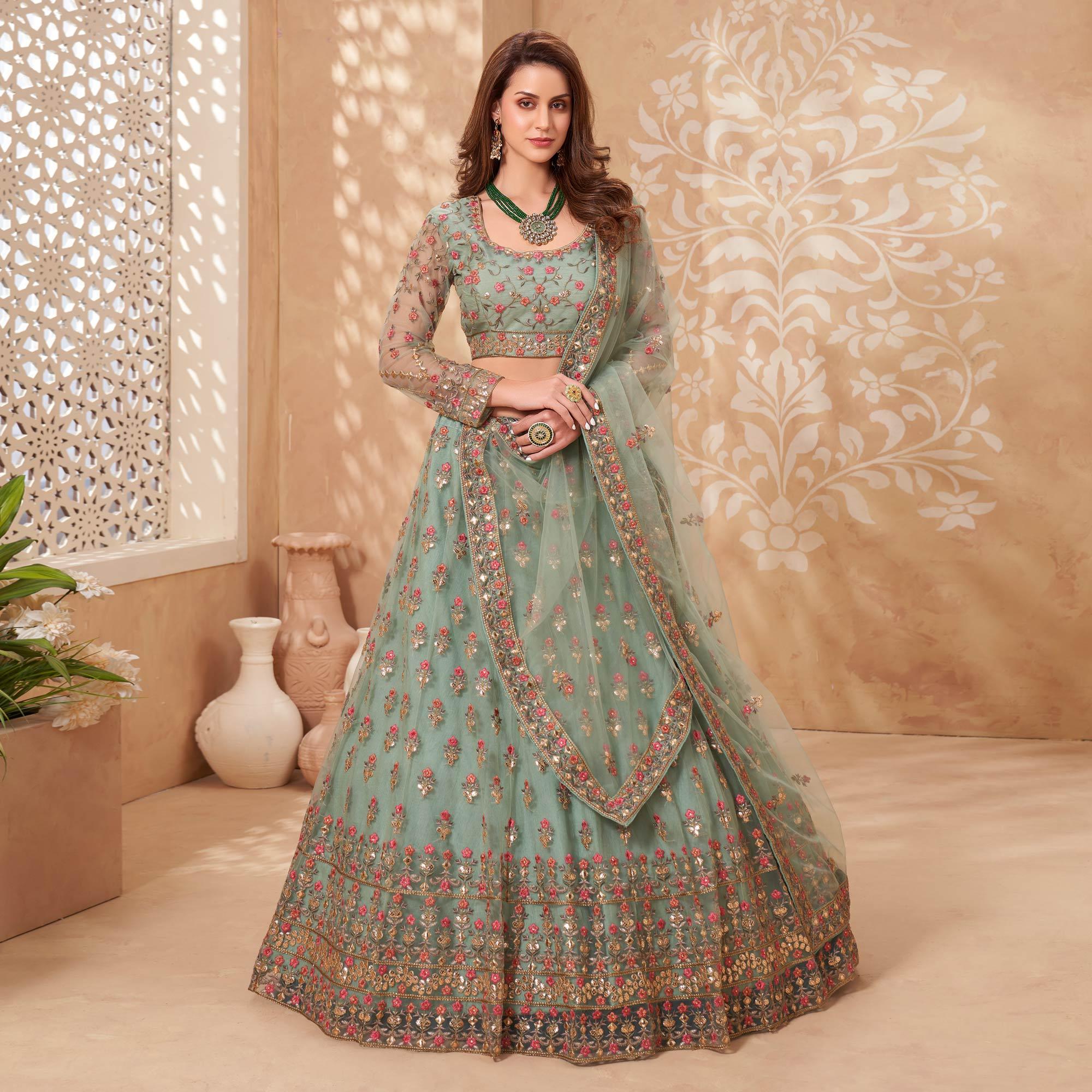Sea Green Sequence Floral Embroidered Net Lehenga Choli - Peachmode