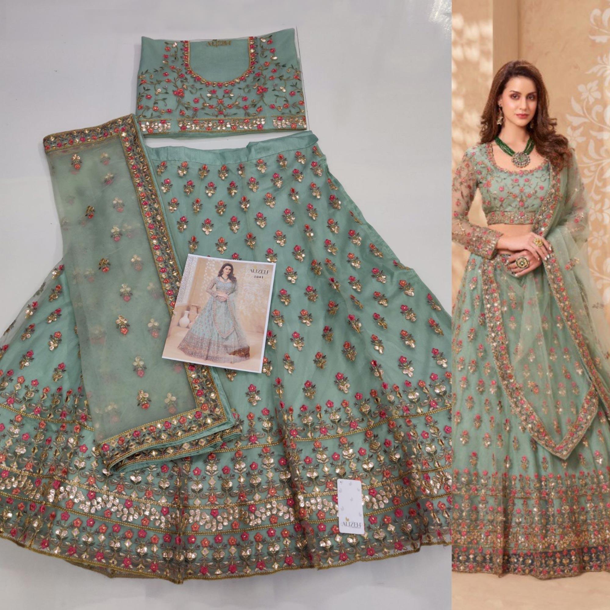 Sea Green Sequence Floral Embroidered Net Lehenga Choli - Peachmode