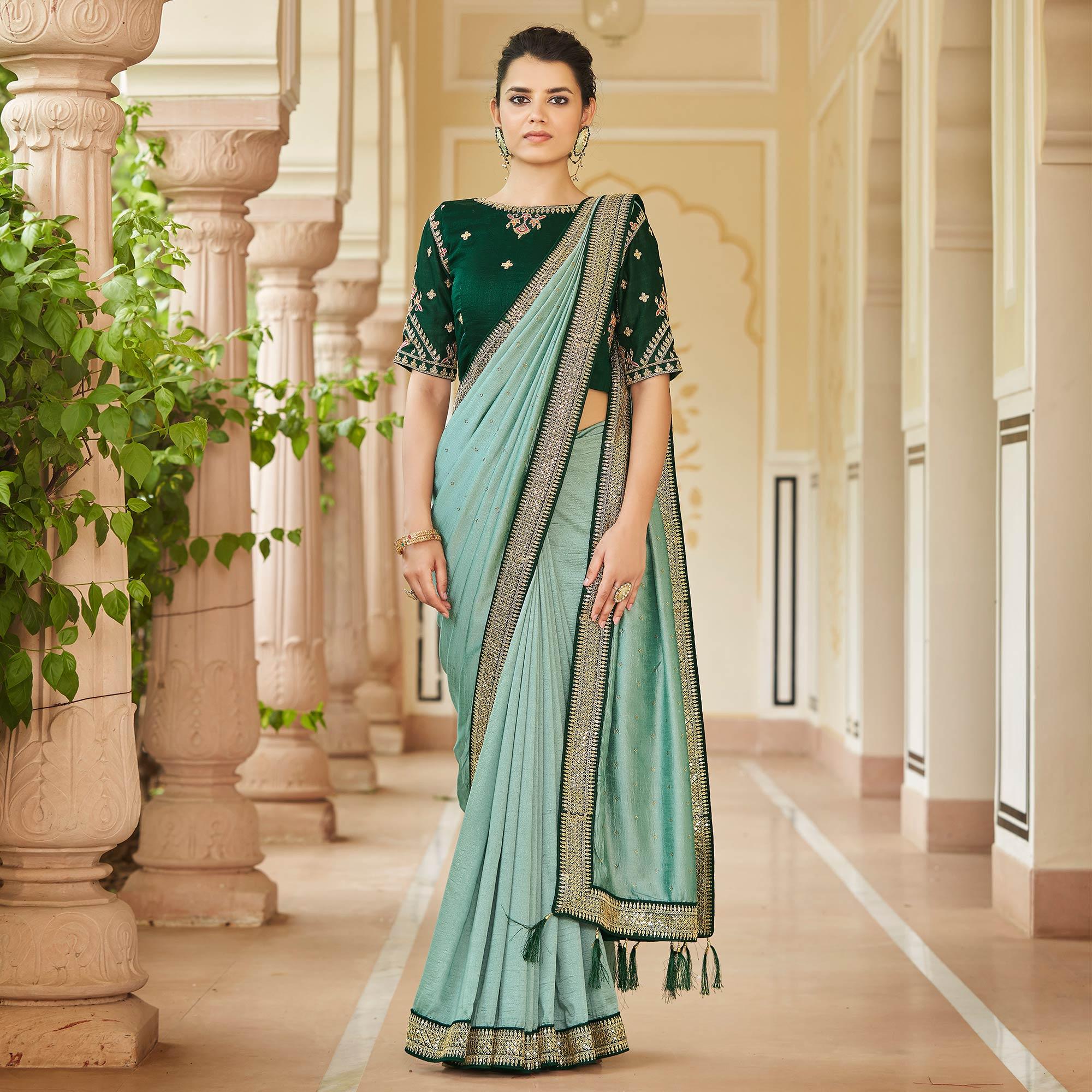 Sea Green Sequence With swarovski Work Vichitra Silk Saree - Peachmode