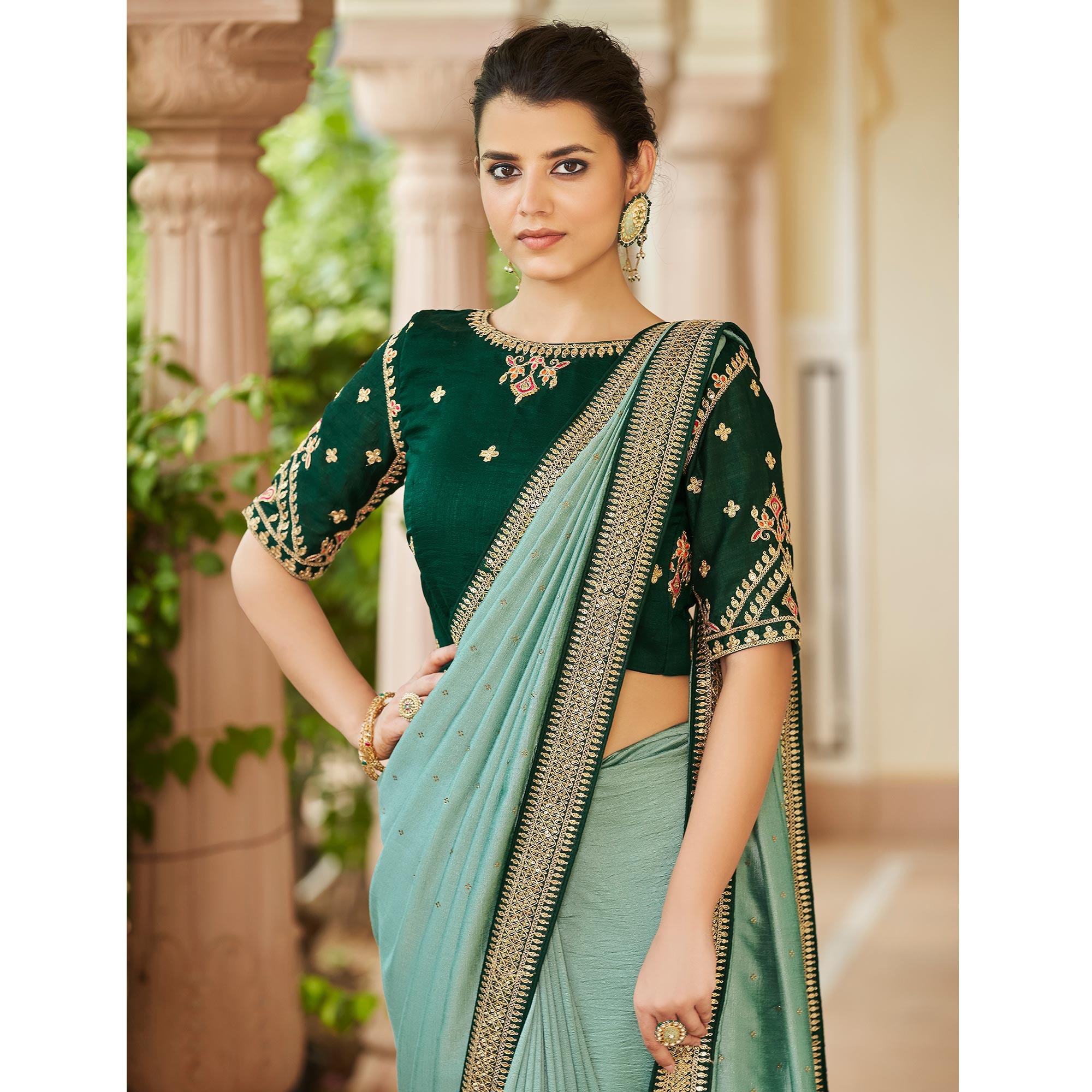 Sea Green Sequence With swarovski Work Vichitra Silk Saree - Peachmode