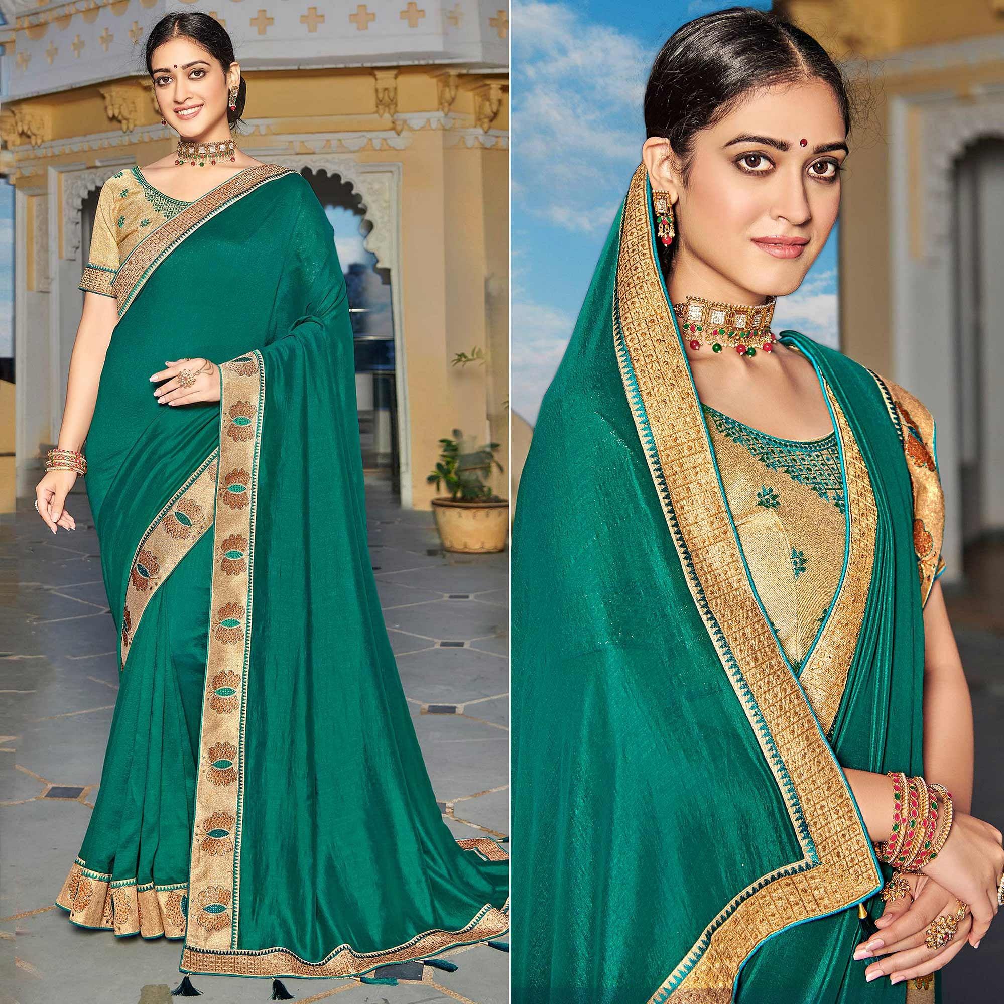 Sea Green Solid-Embroidered Border Vichitra Silk Saree With Tassels - Peachmode