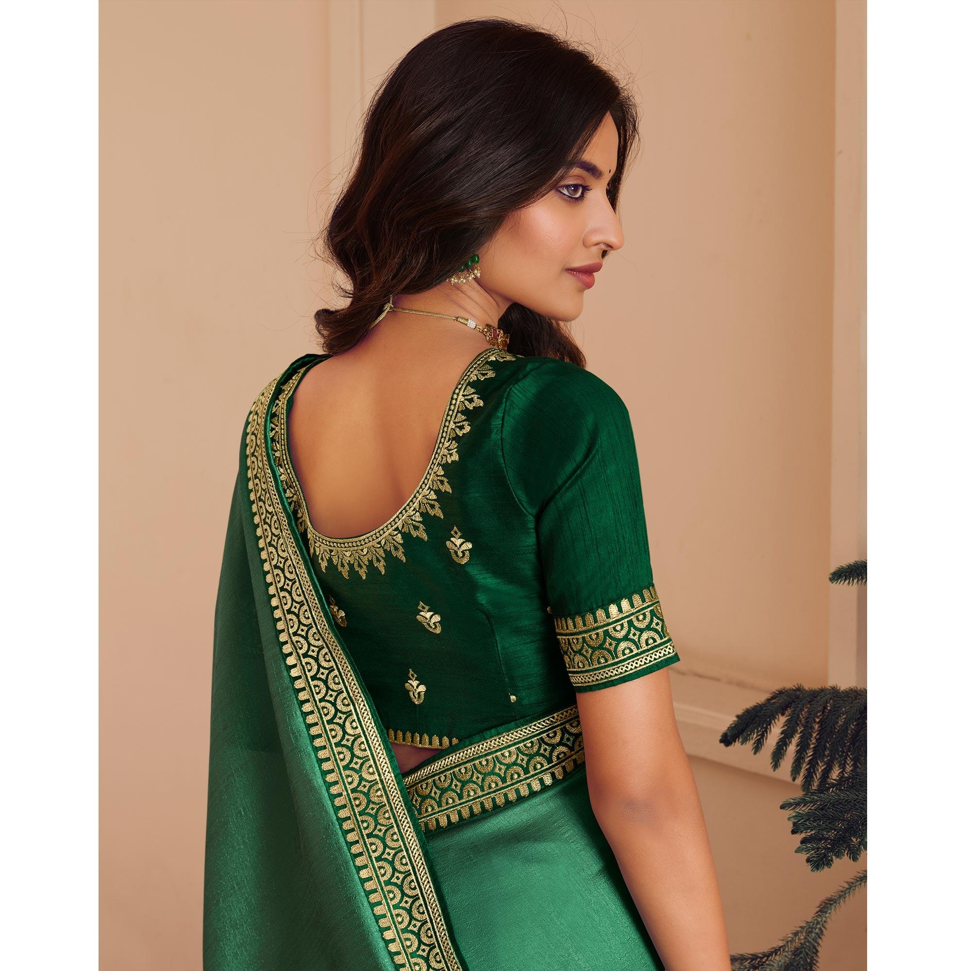 Sea Green Solid Vichitra Silk Saree With Tassels - Peachmode