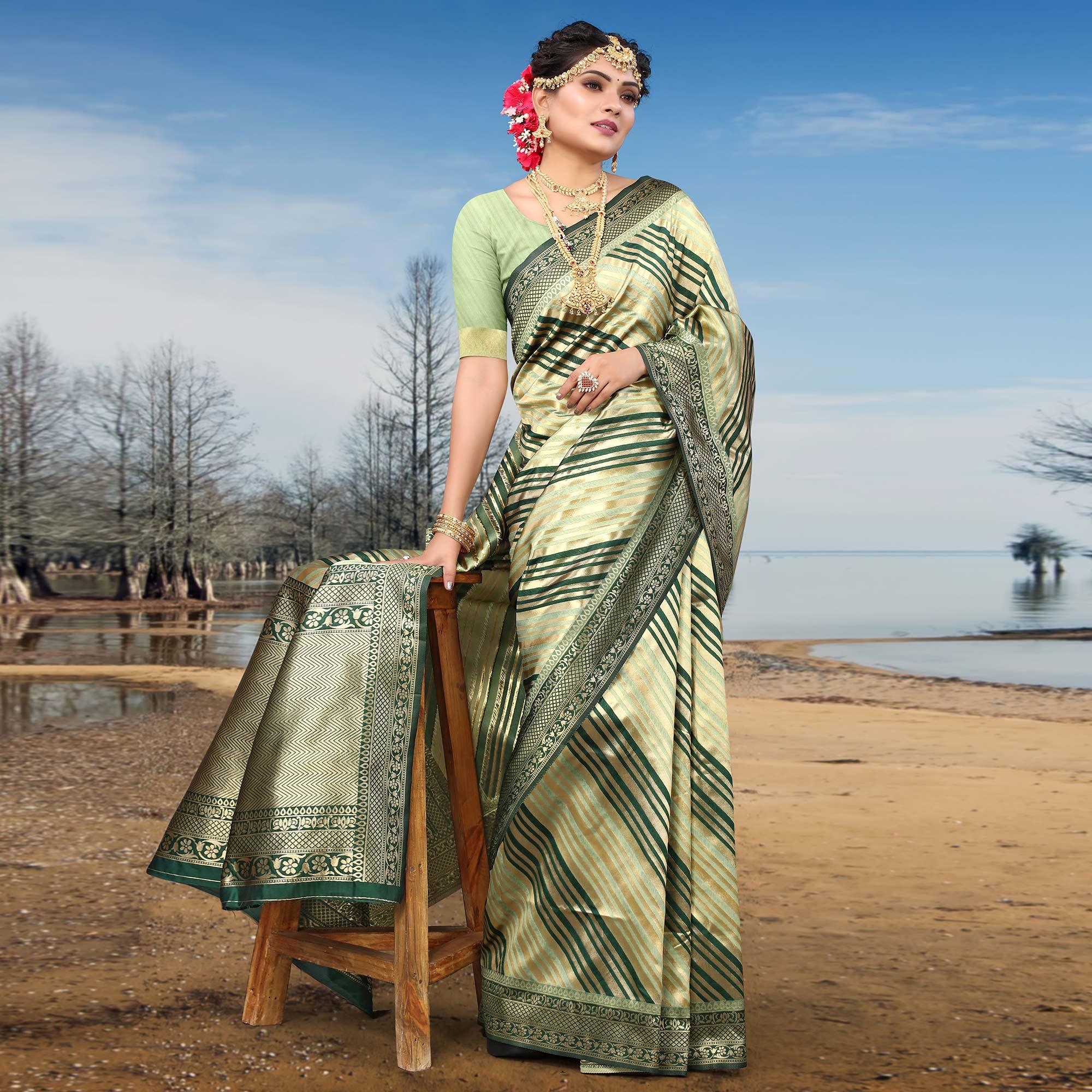 Sea Green Stripe Printed Pure Silk Saree - Peachmode