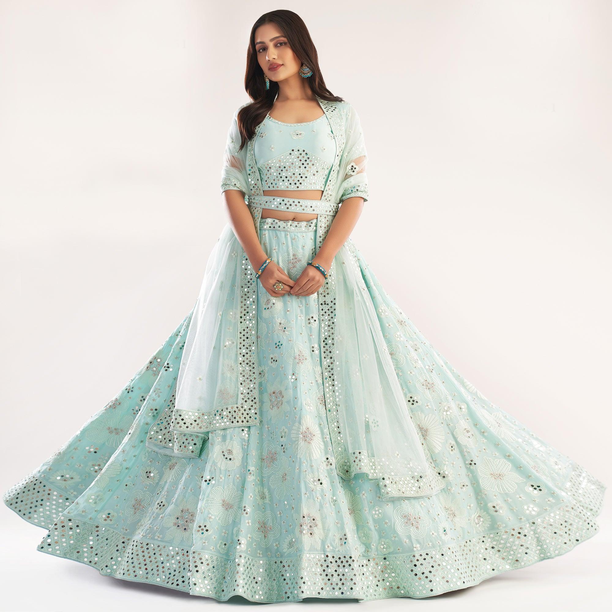 Sea Green Wedding Wear Embellished Silky Georgette Lehenga Choli - Peachmode