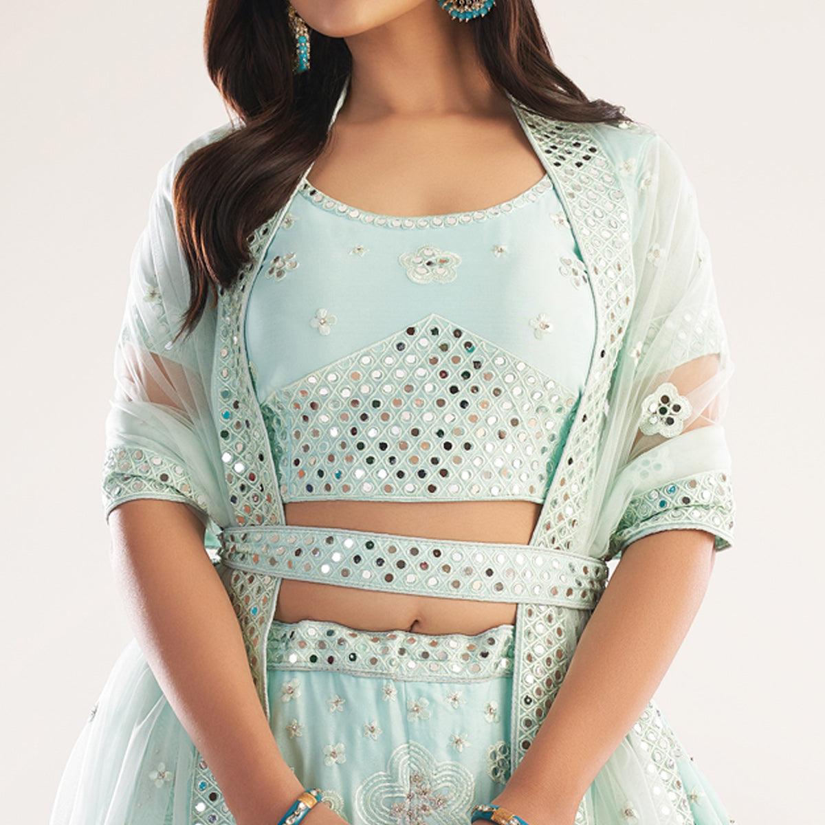 Sea Green Wedding Wear Embellished Silky Georgette Lehenga Choli - Peachmode