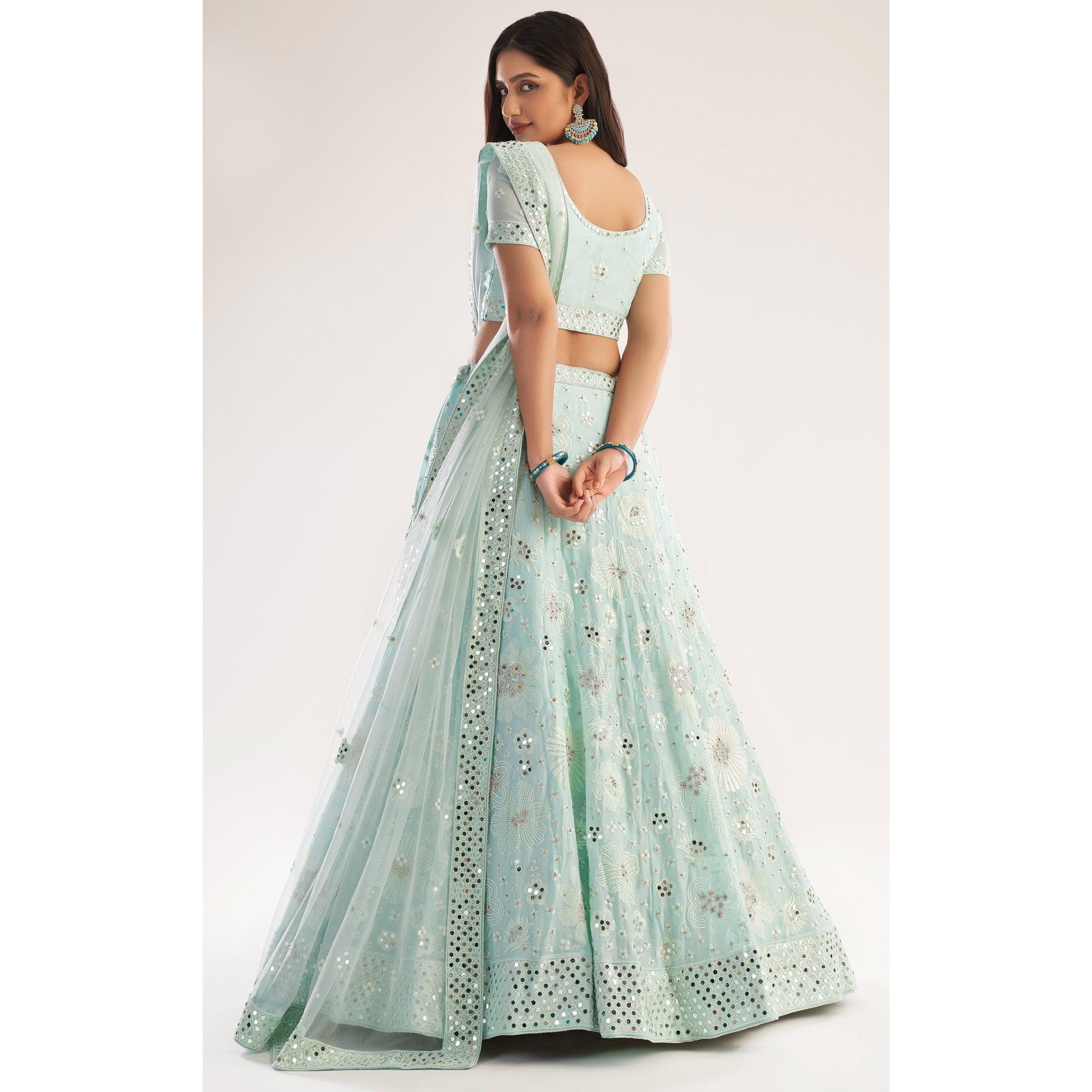 Sea Green Wedding Wear Embellished Silky Georgette Lehenga Choli - Peachmode