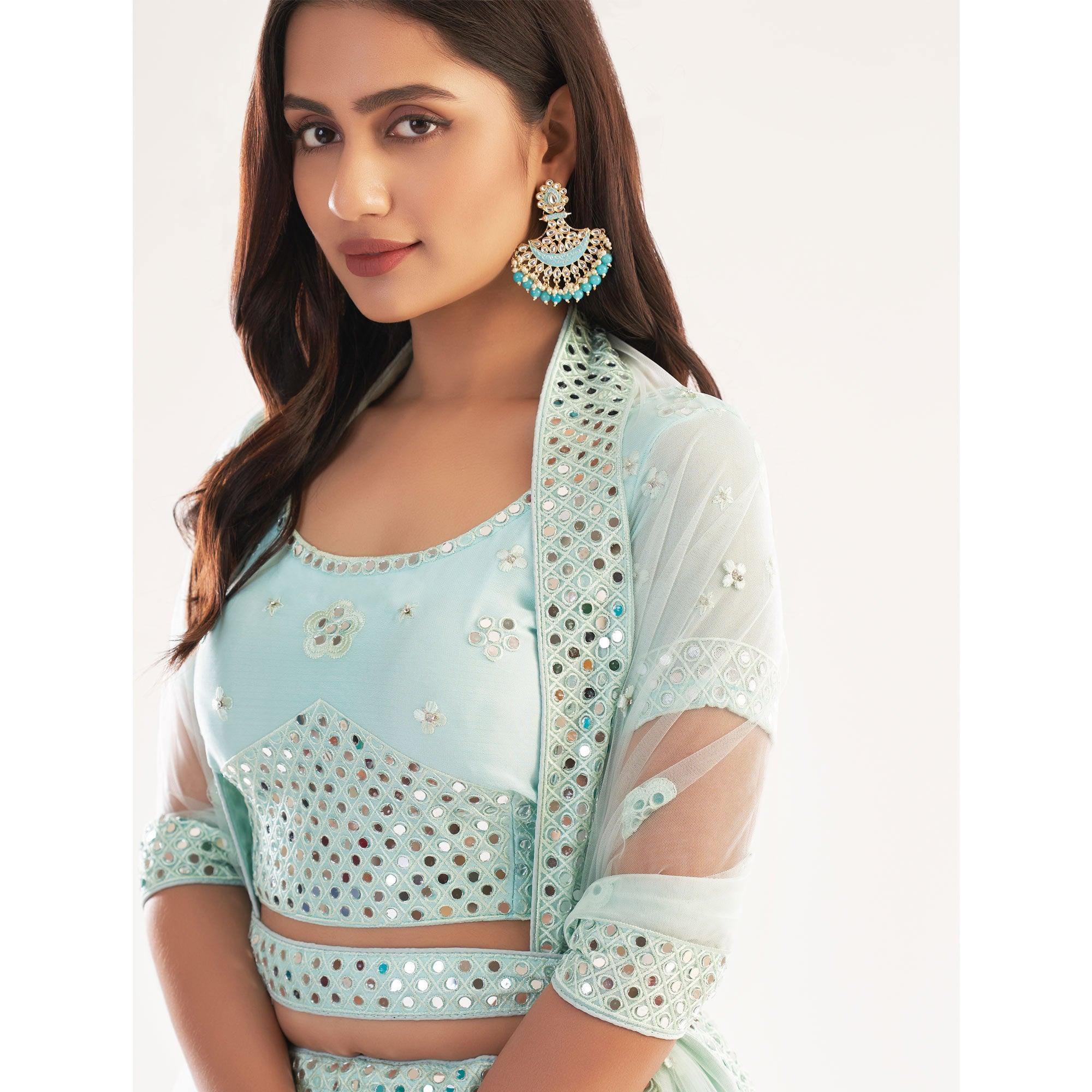 Sea Green Wedding Wear Embellished Silky Georgette Lehenga Choli - Peachmode