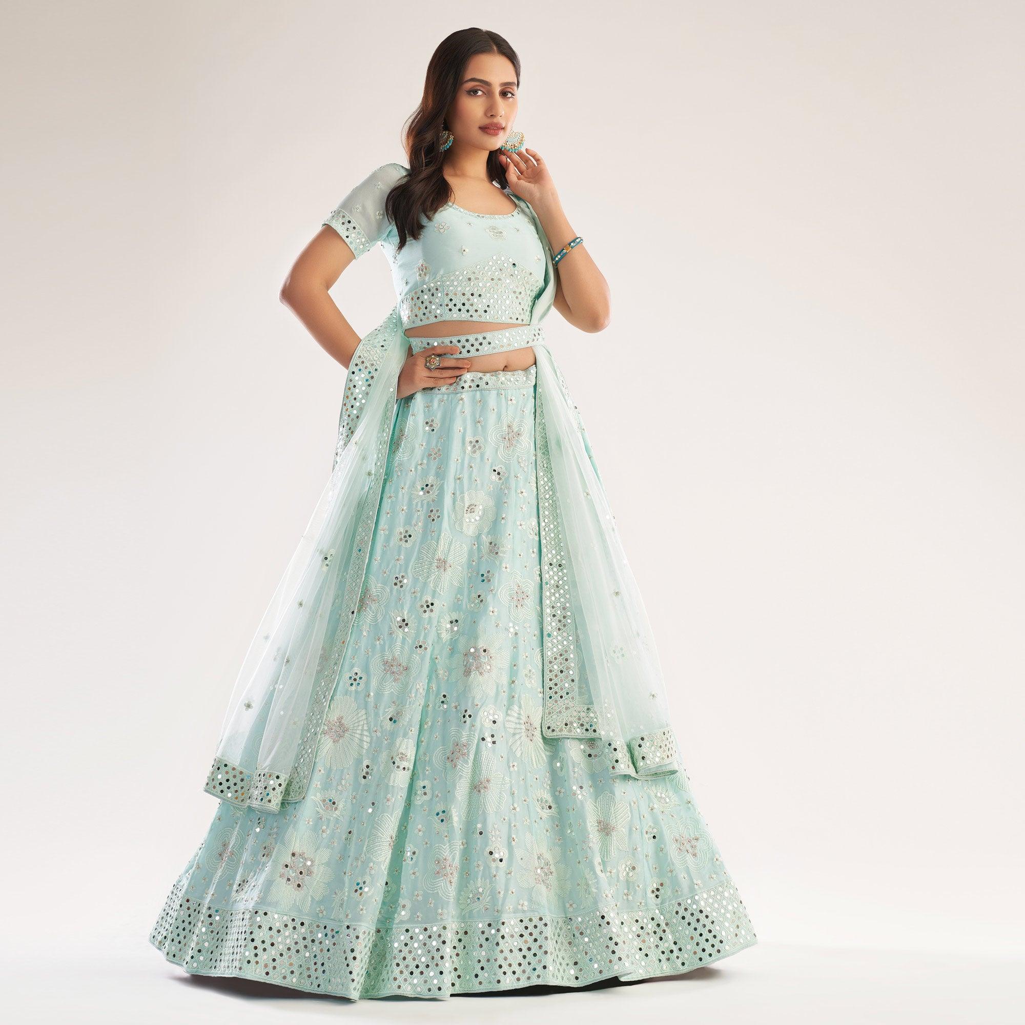 Sea Green Wedding Wear Embellished Silky Georgette Lehenga Choli - Peachmode