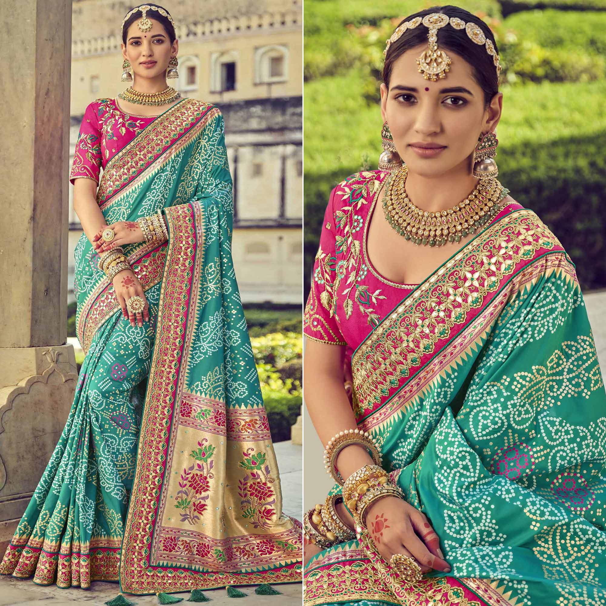 Sea Green Wedding Wear Resham With Embellished Silk Bhandhani Patola Saree - Peachmode