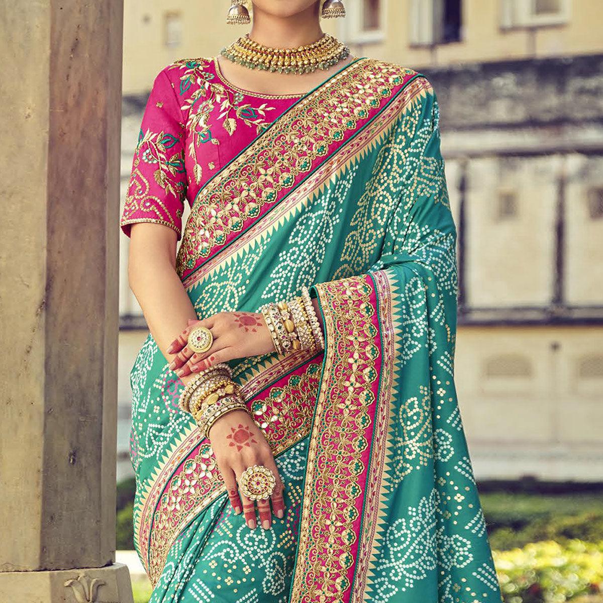 Sea Green Wedding Wear Resham With Embellished Silk Bhandhani Patola Saree - Peachmode