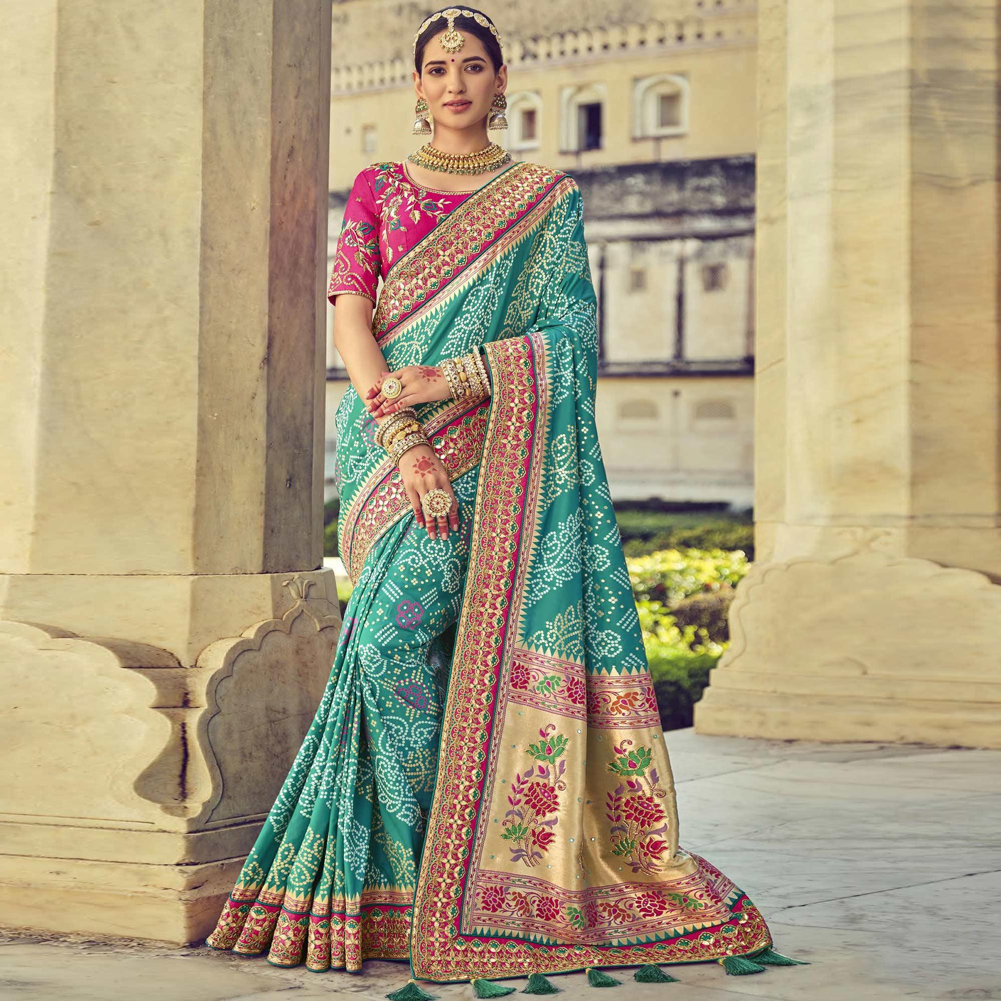 Sea Green Wedding Wear Resham With Embellished Silk Bhandhani Patola Saree - Peachmode