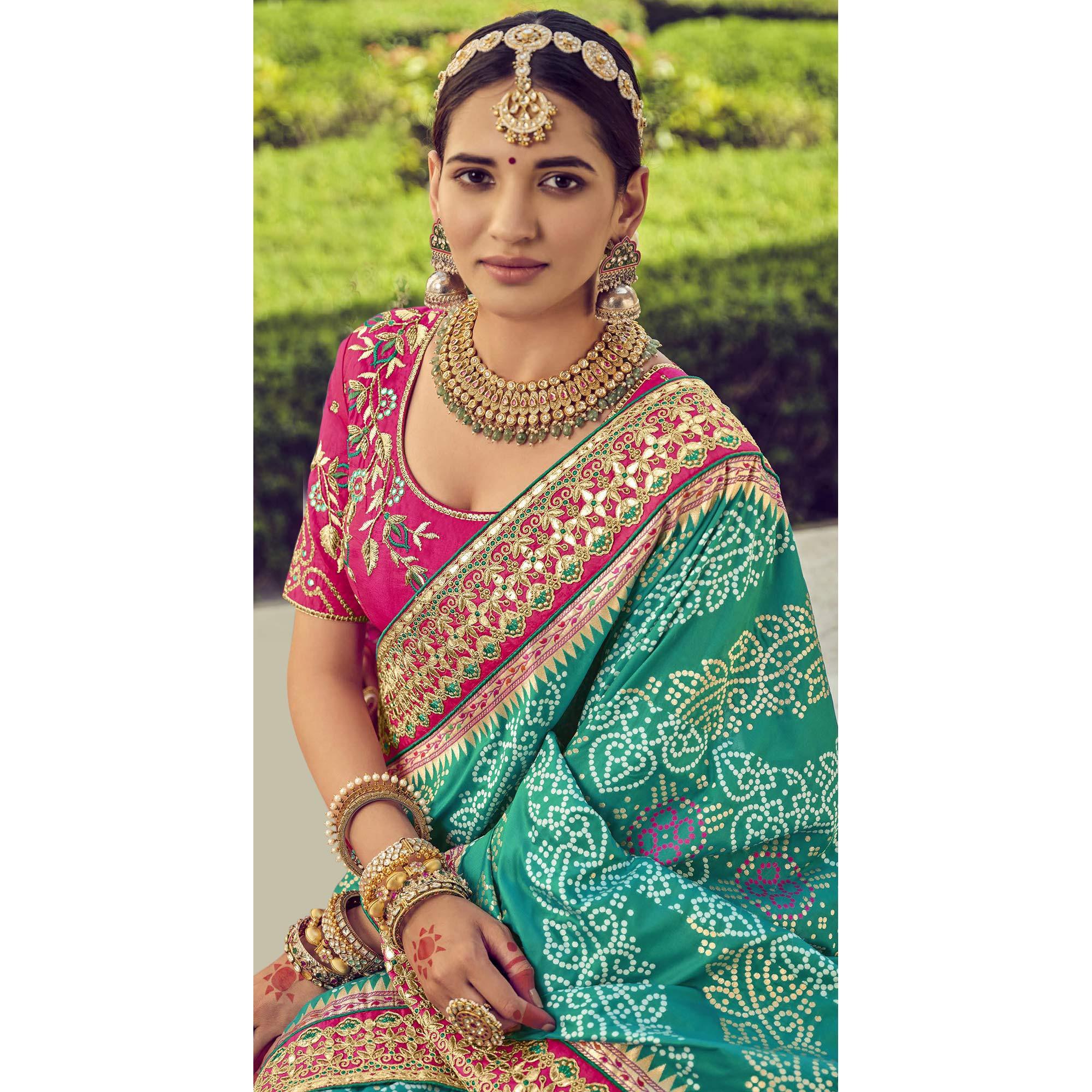 Sea Green Wedding Wear Resham With Embellished Silk Bhandhani Patola Saree - Peachmode