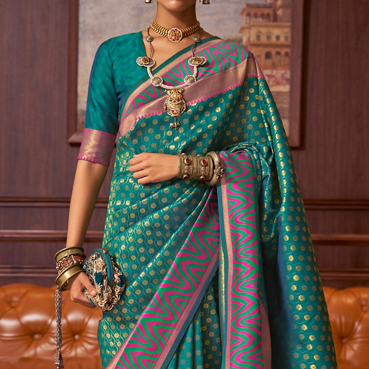 Sea Green Woven Art Silk Saree - Peachmode