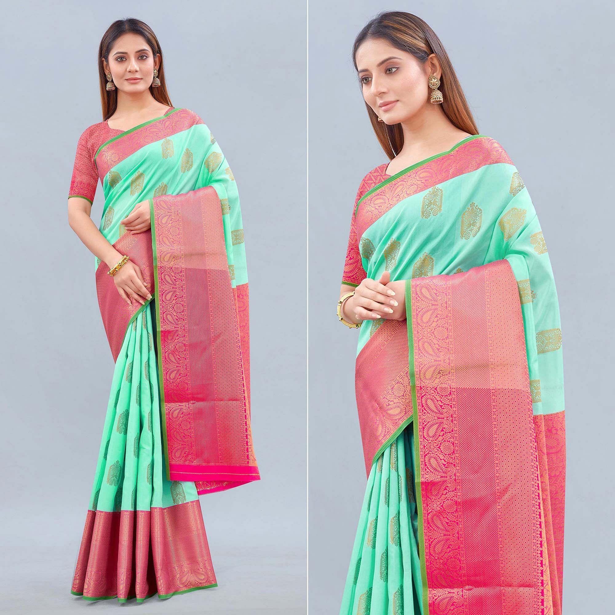 Sea Green Woven Banarasi Silk Saree - Peachmode