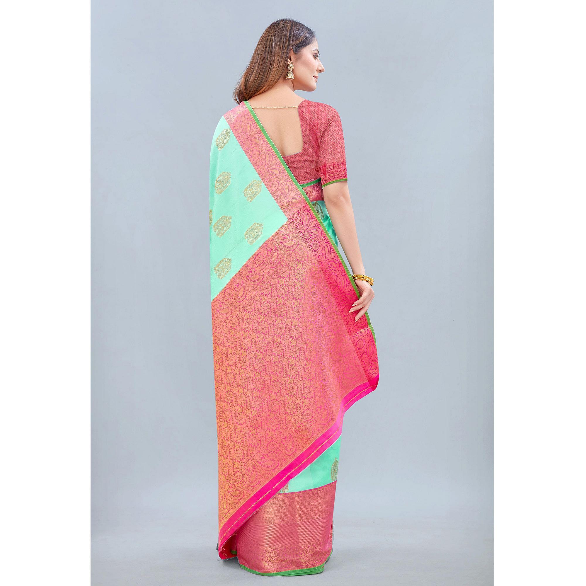 Sea Green Woven Banarasi Silk Saree - Peachmode
