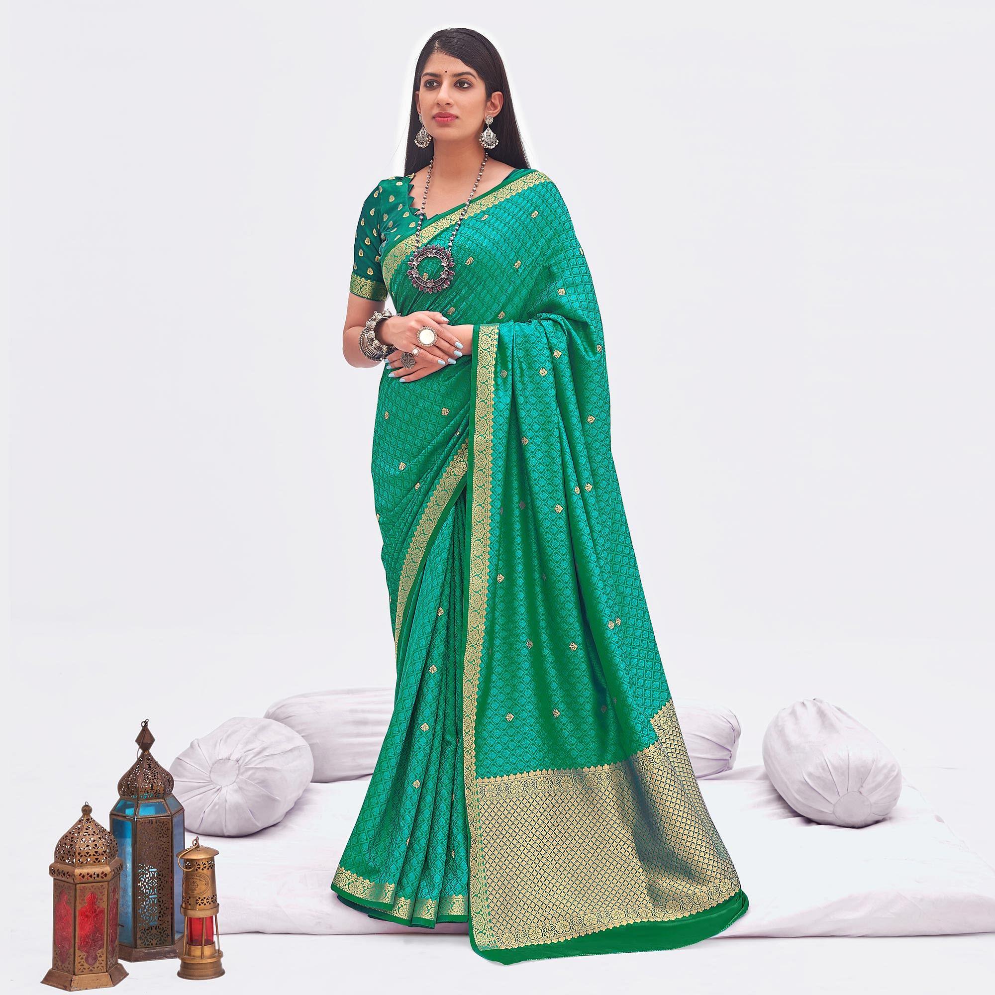 Sea Green Woven Banarasi Silk Saree - Peachmode