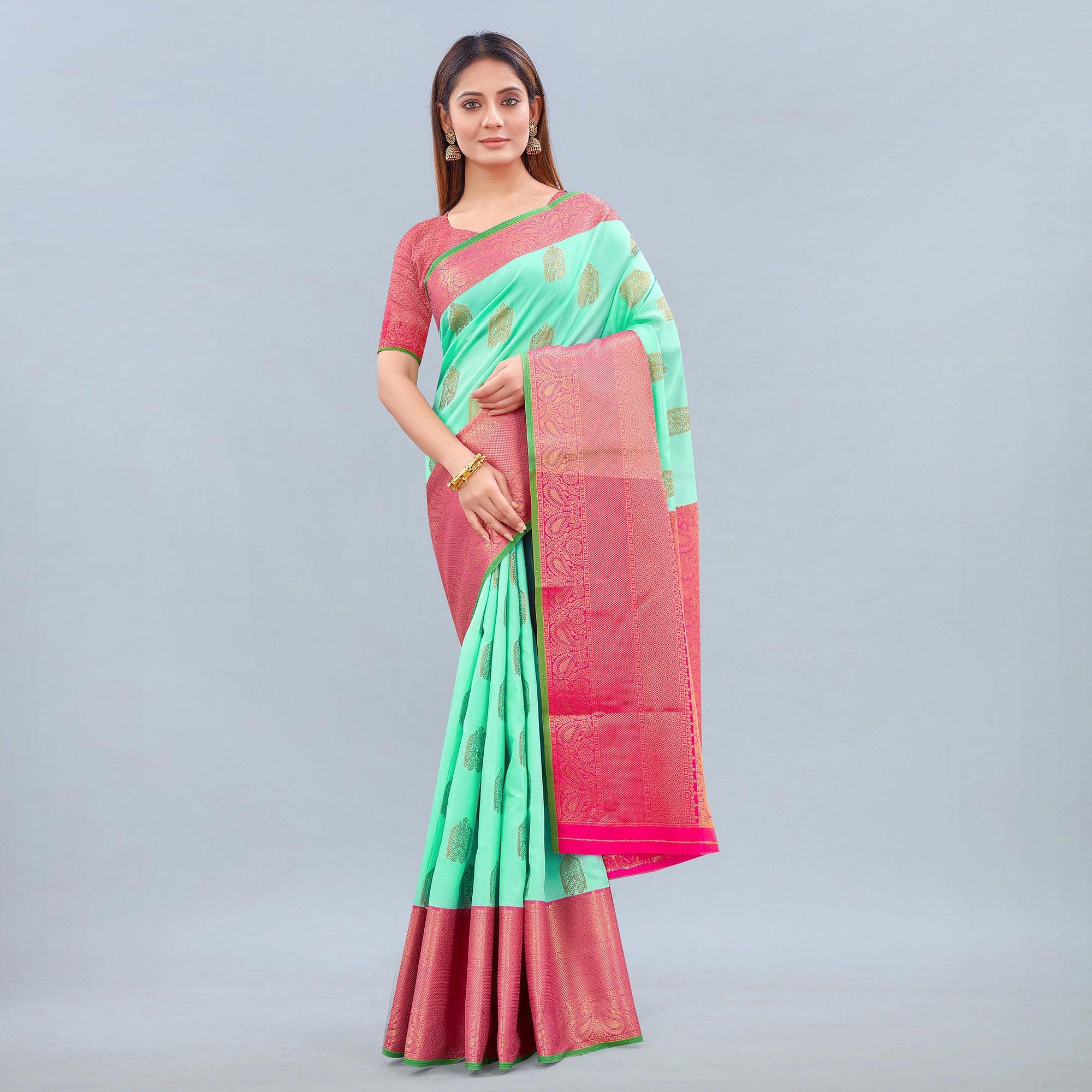 Sea Green Woven Banarasi Silk Saree - Peachmode