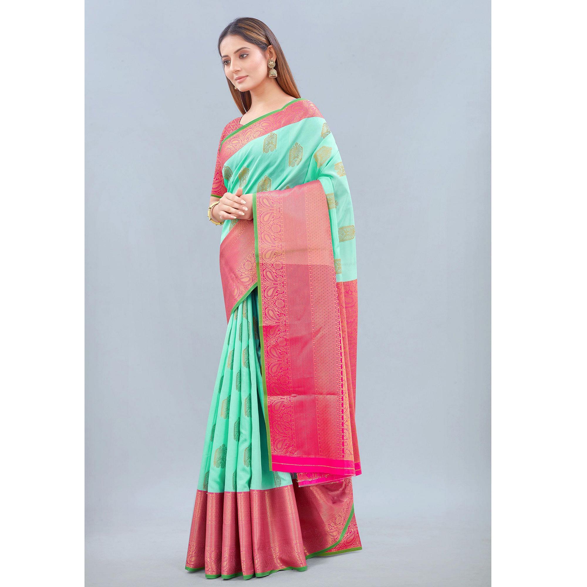 Sea Green Woven Banarasi Silk Saree - Peachmode