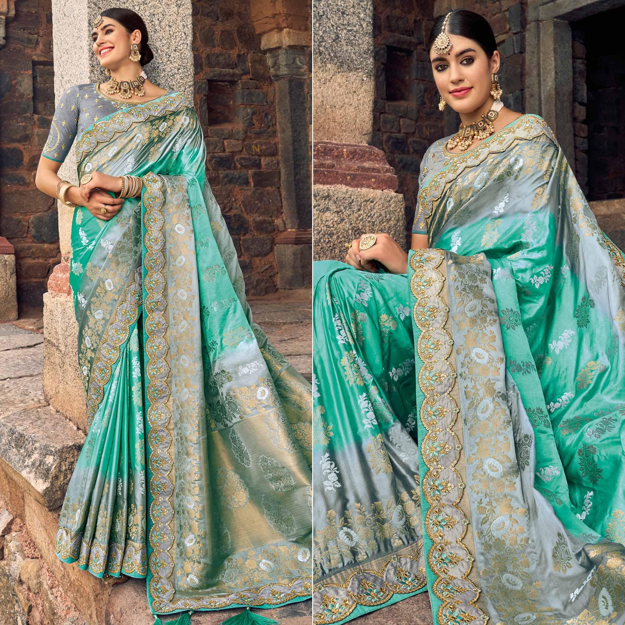 Sea Green Woven Banarasi Silk Saree With Tassels - Peachmode