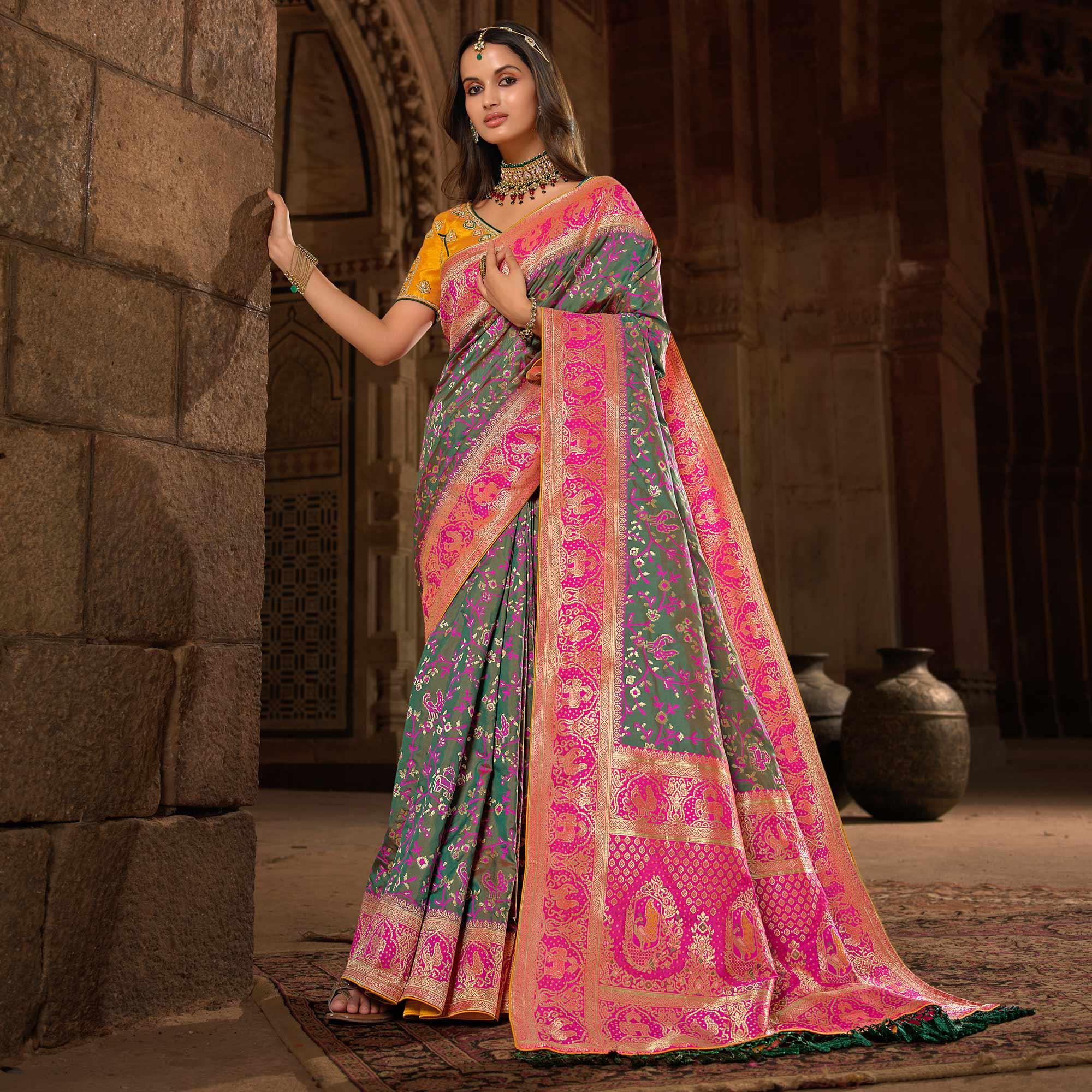 Sea Green Woven Banarasi Silk Saree With Tassels - Peachmode