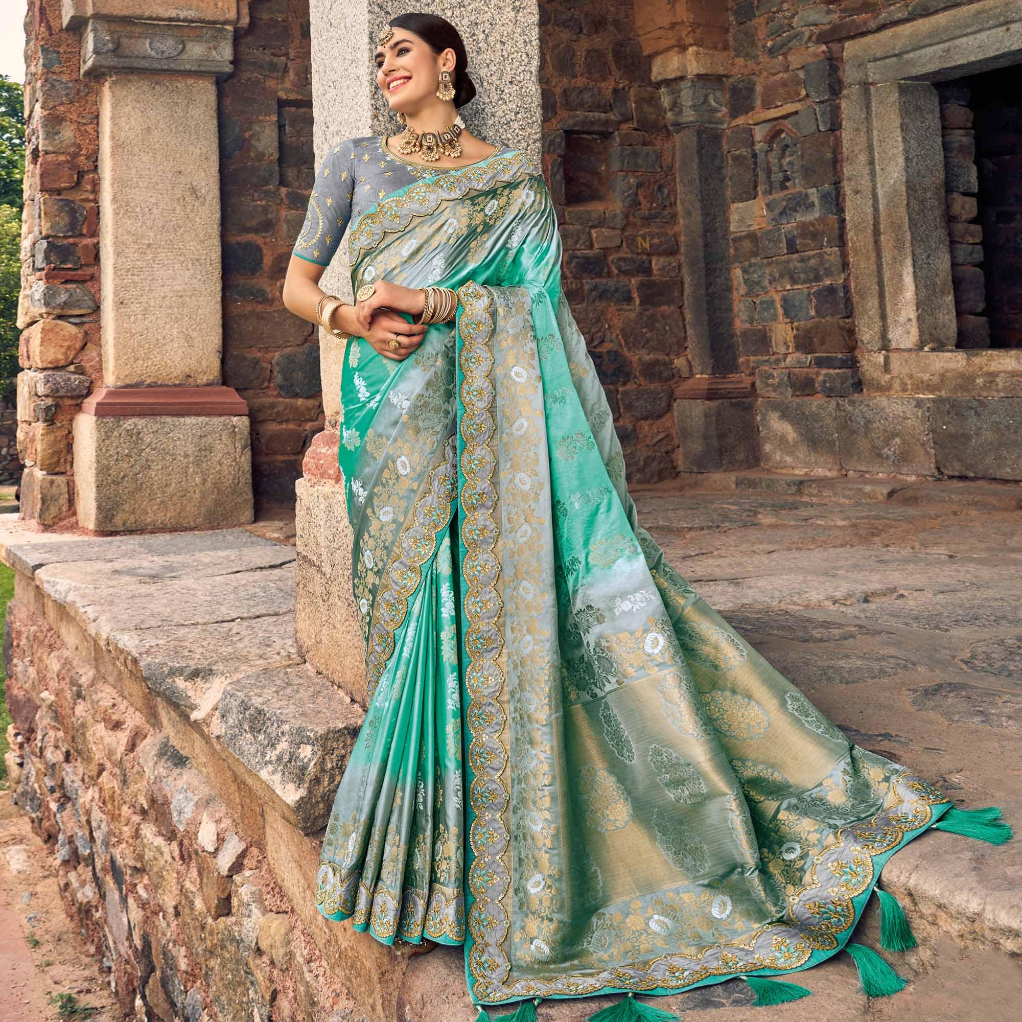 Sea Green Woven Banarasi Silk Saree With Tassels - Peachmode