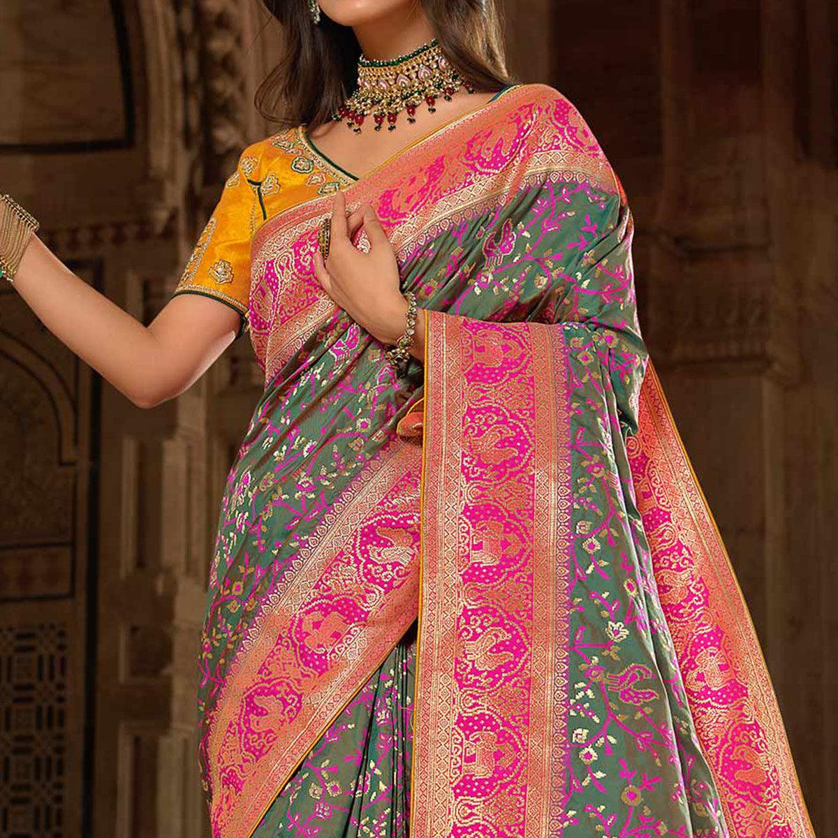 Sea Green Woven Banarasi Silk Saree With Tassels - Peachmode