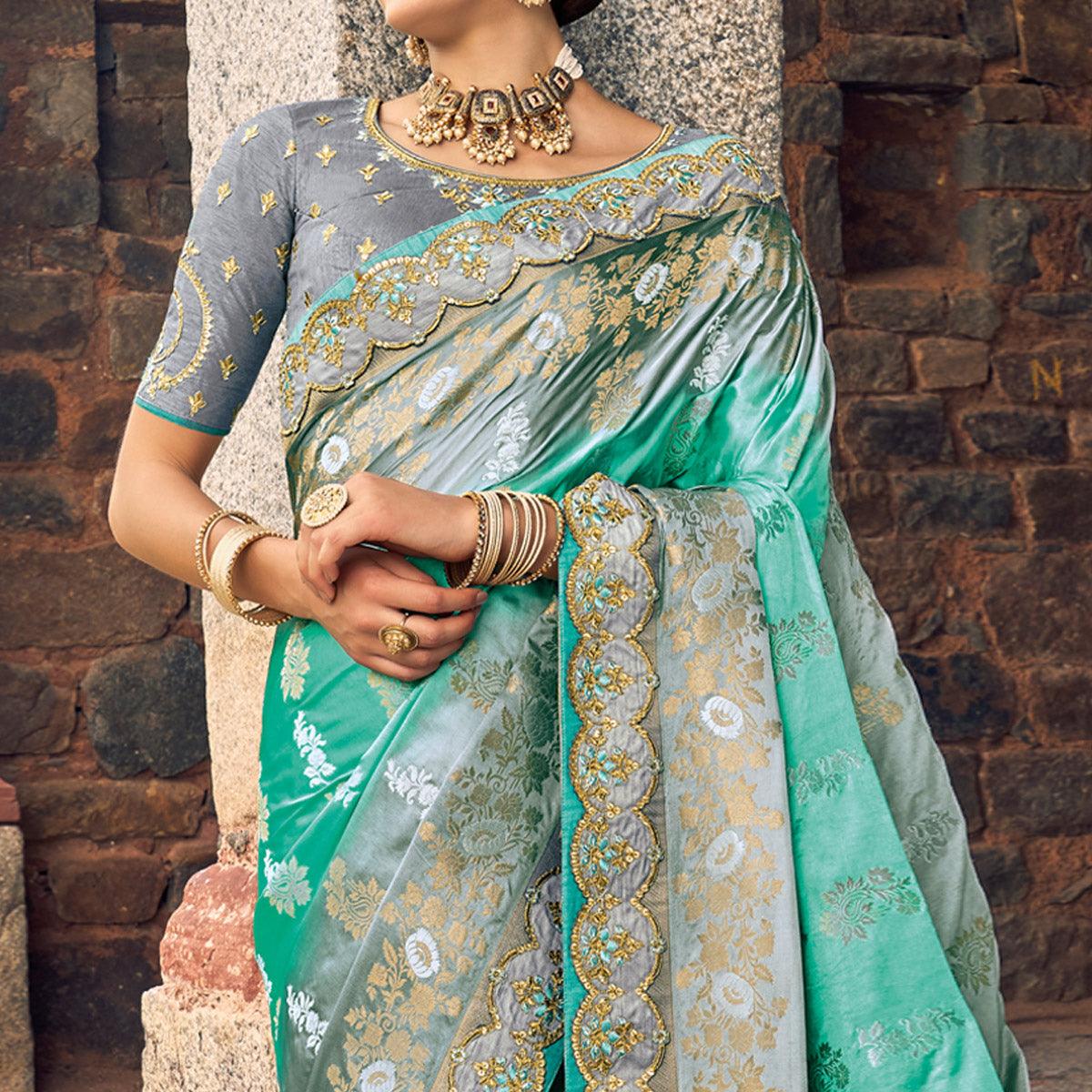 Sea Green Woven Banarasi Silk Saree With Tassels - Peachmode