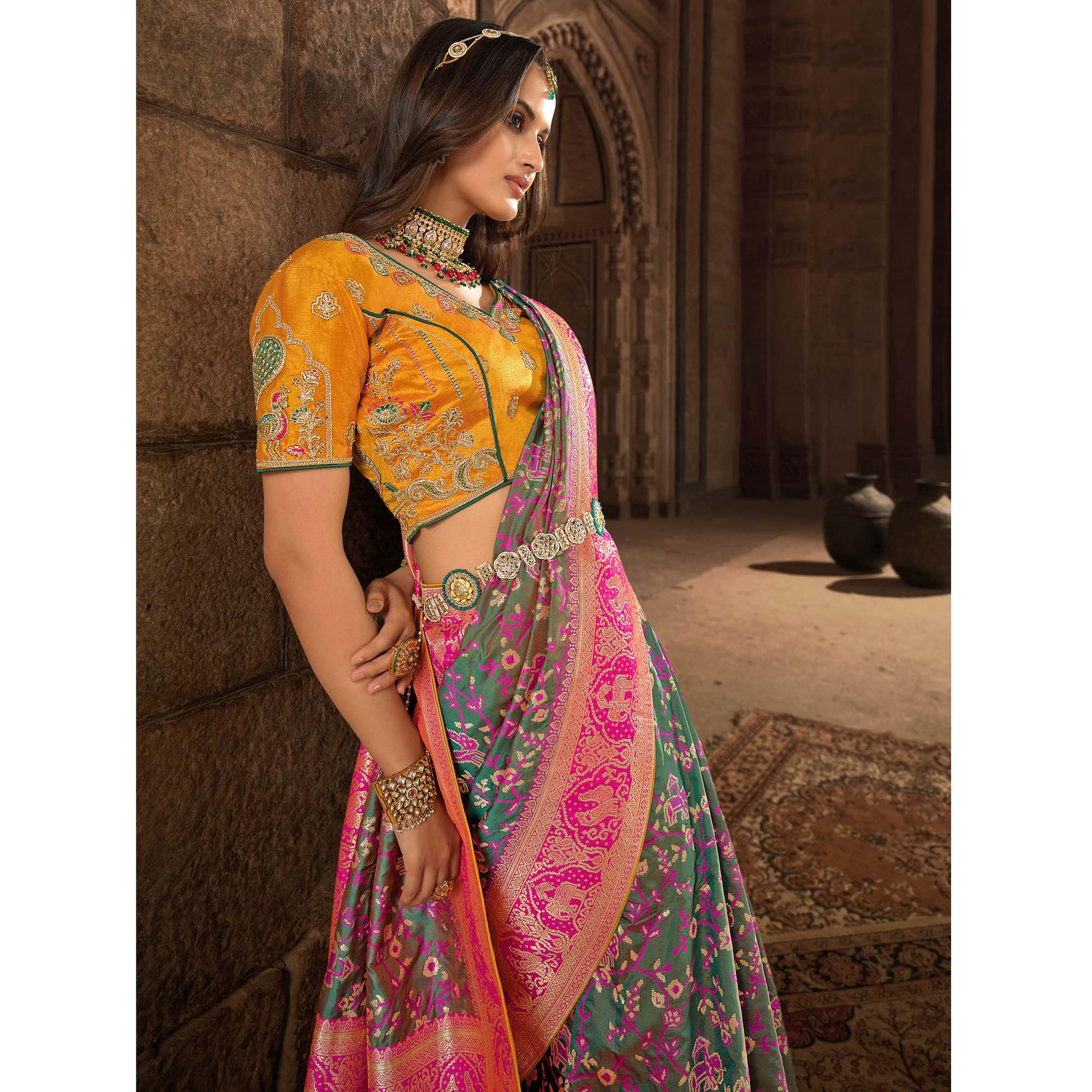 Sea Green Woven Banarasi Silk Saree With Tassels - Peachmode
