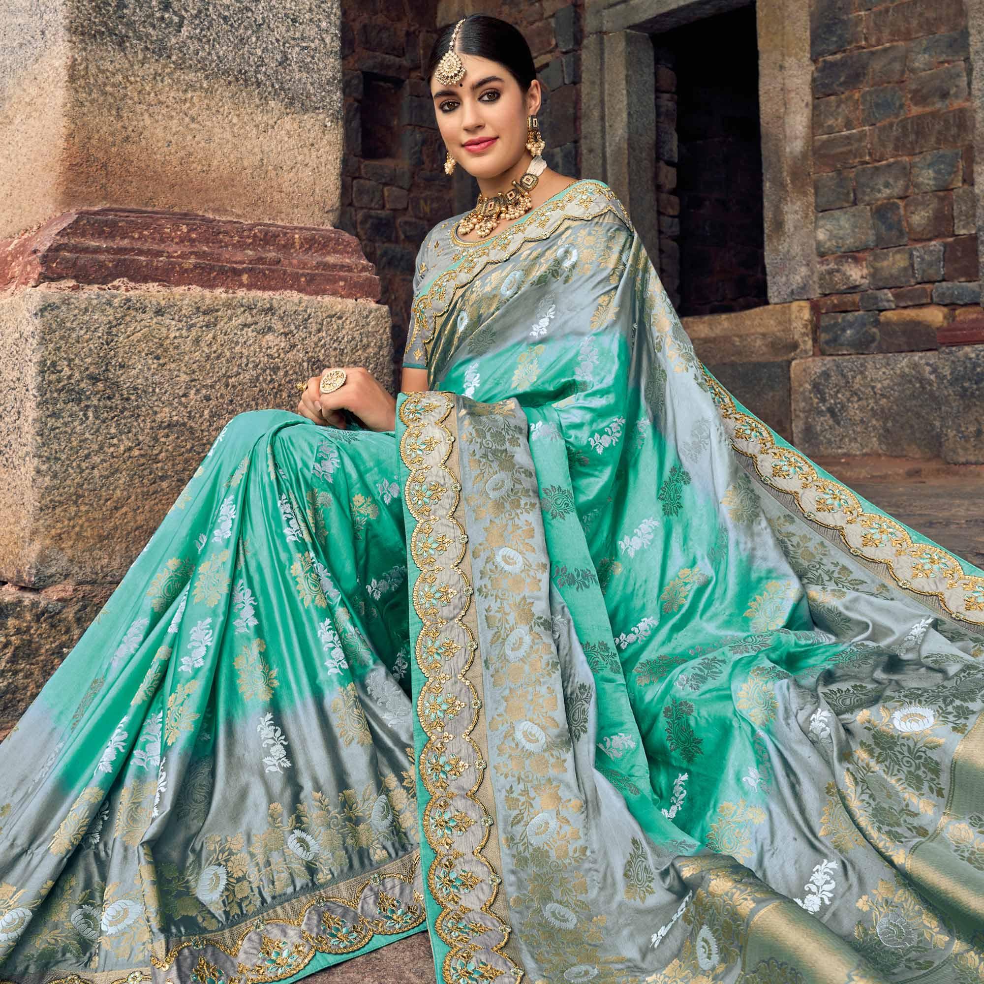 Sea Green Woven Banarasi Silk Saree With Tassels - Peachmode