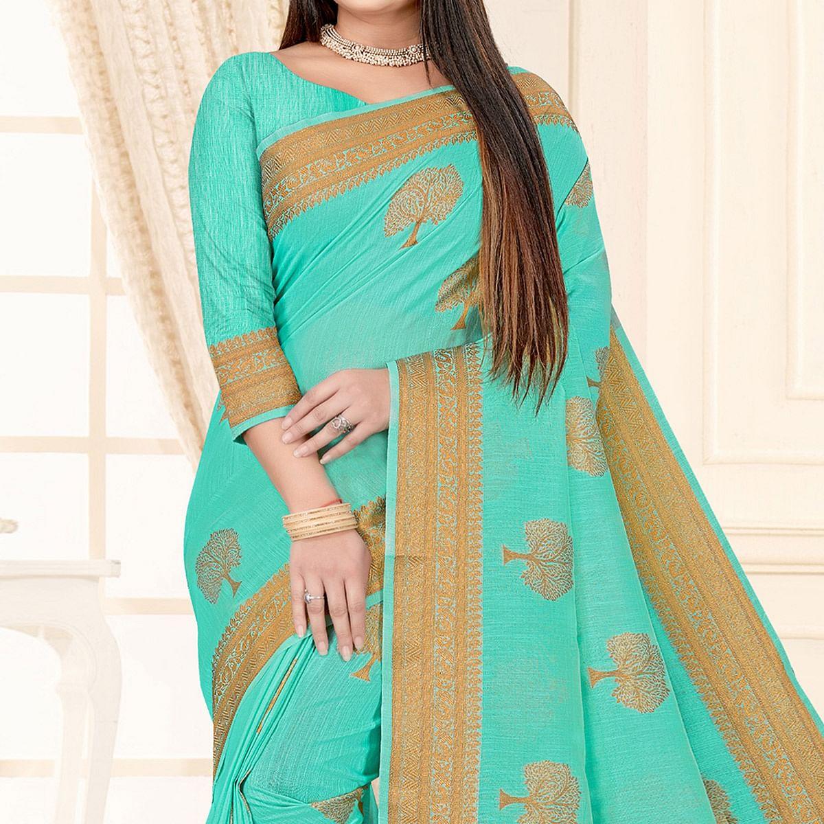 Sea Green Woven Cotton Silk Saree - Peachmode