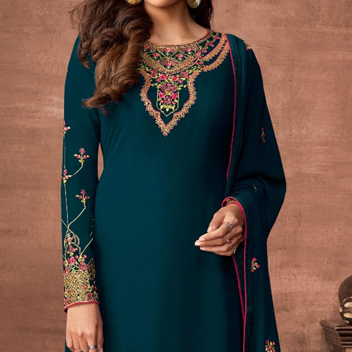 Sea Green Woven Georgette Straight Partywear Suit - Peachmode